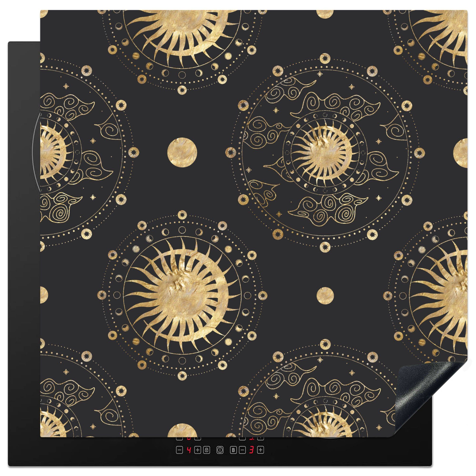 MuchoWow Herdblende-/Abdeckplatte Muster - Mond - Sonne - Gold, Vinyl, (1 tlg), 78x78 cm, Ceranfeldabdeckung, Arbeitsplatte für küche