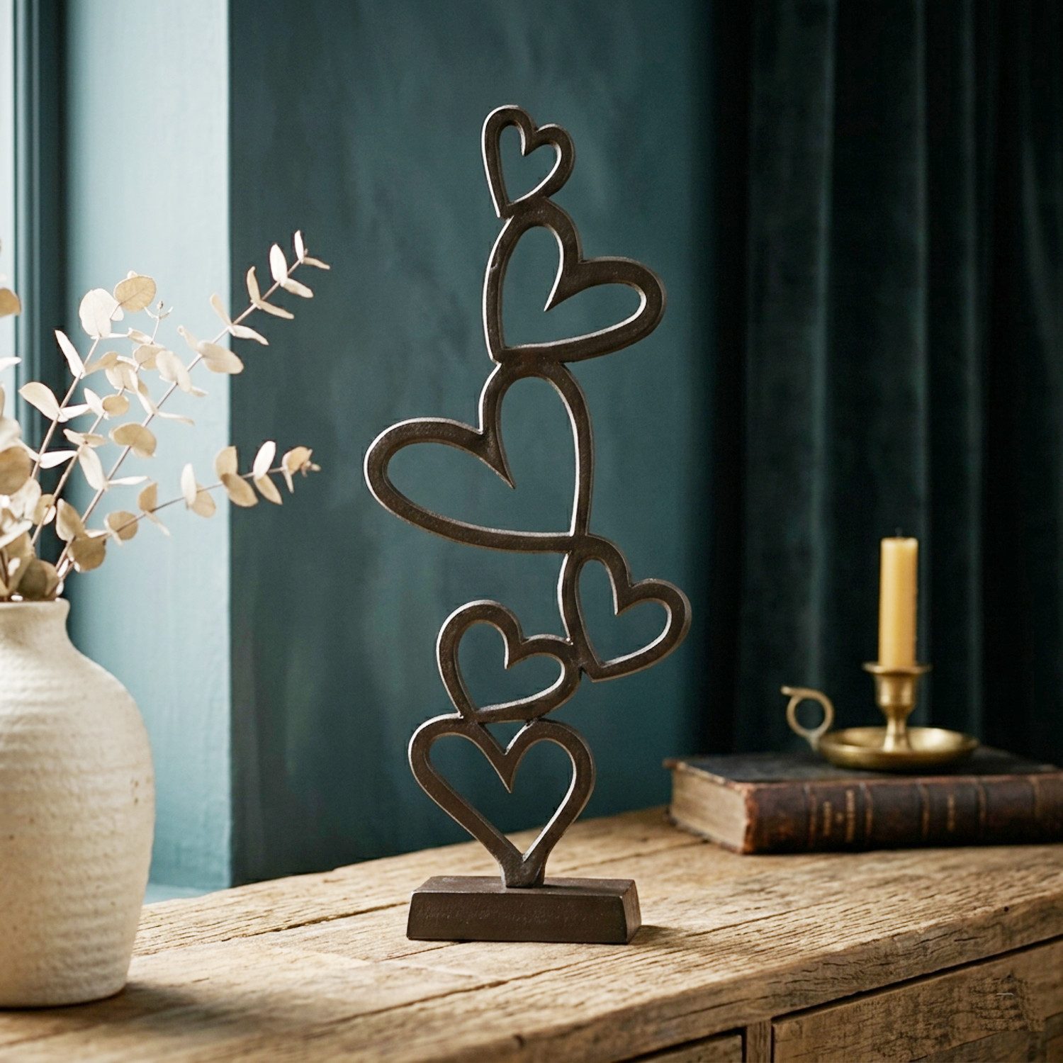 Macosa Home Skulptur Deko Herzen 42 cm Metall Schwarz (Jahrestag Hochzeit Valentinstag, 1 St., Edle Dekoration & Geschenkidee), Dekofigur Wohnaccessoire für Regal, Tisch, Sideboard