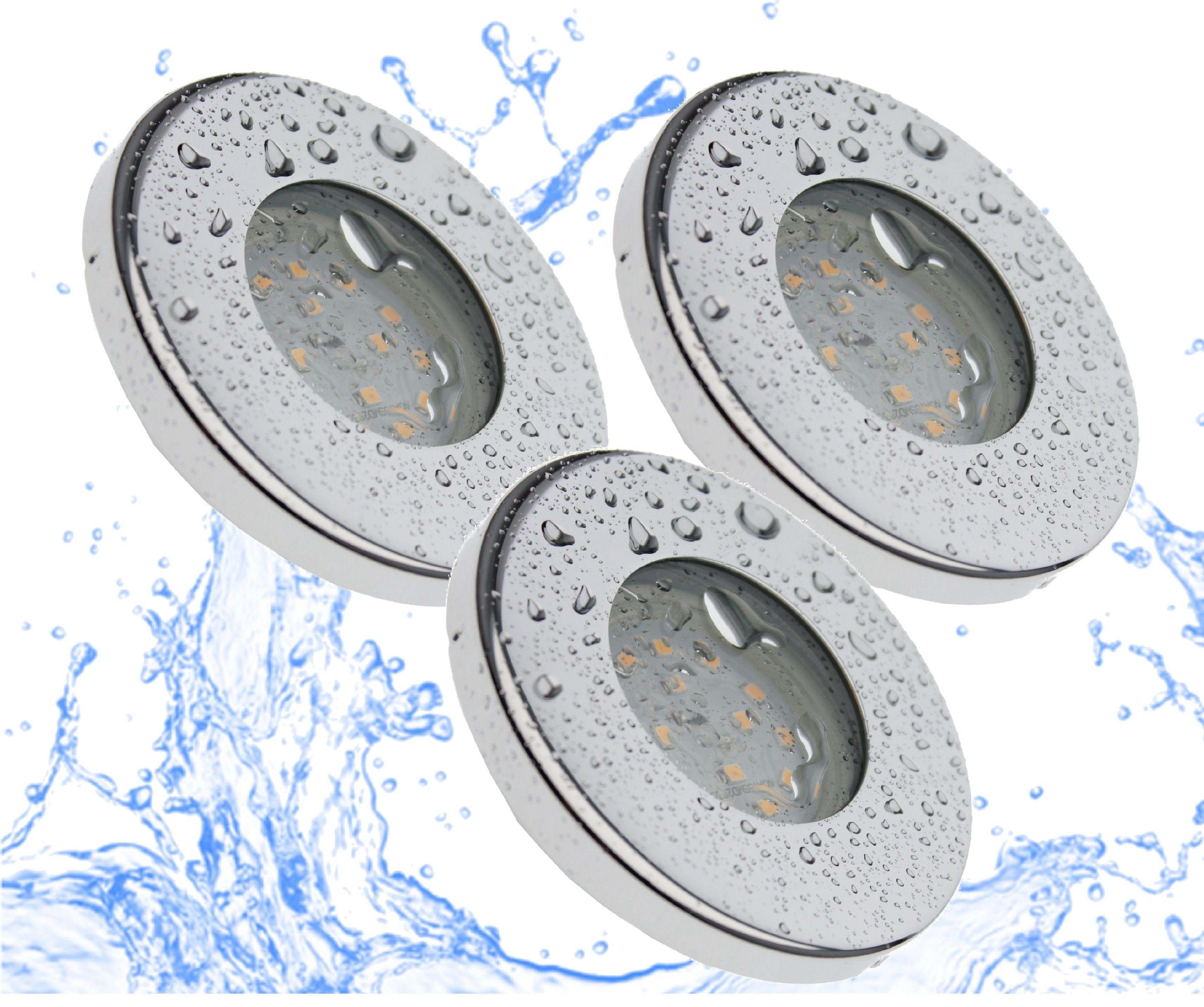 TRANGO LED Einbauleuchte, 3-Stufen dimmbar, 3er Set 6729IP65-038MOSD IP65 LED Einbaustrahler aus Edelstahl poliert inkl. 3x 5 W 3-Stufen dimmbar 3000K warmweiß Ultra Flach LED Modul, Bad, Dusche, Einbauspots, Deckenstrahler, Deckenlamp