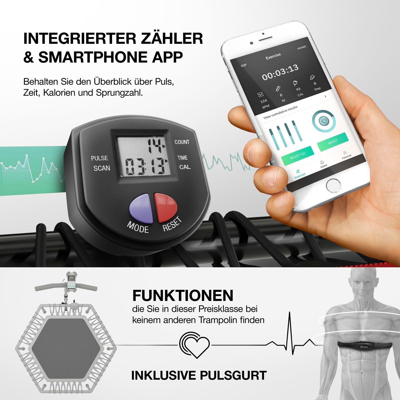Sportstech Fitnesstrampolin HTX100, Handyhalterung, Gummibandfederung, Höhenverstellbare Griffe