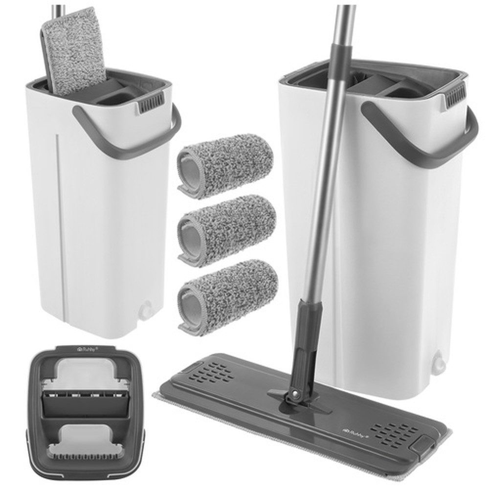 Ruhhy Wischmopp-Set Flachwischer Wischmopp Zweikammer-Eimer 8,5L, (Spar-Set, Auswringsystem), problemlos Ecken, Möbelunterseiten und schwer zugängliche Stellen