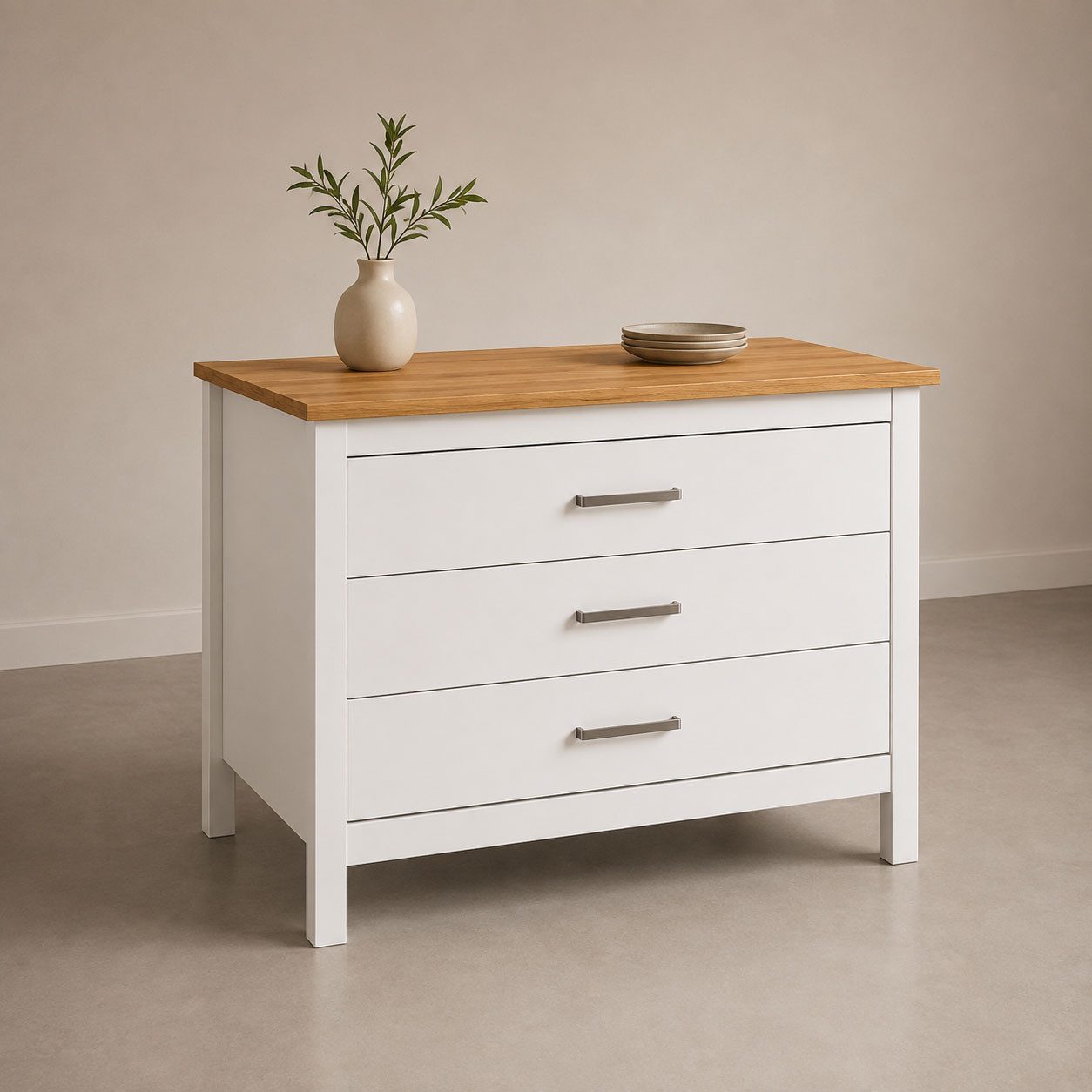 Inter Link Bartisch Pienza im Skandi Look, multifunktional für Küche & Essbereich, Weiss (1-St), Kücheninsel mit Soft-Close, Platz für 2 Hocker, 124x75x91 cm