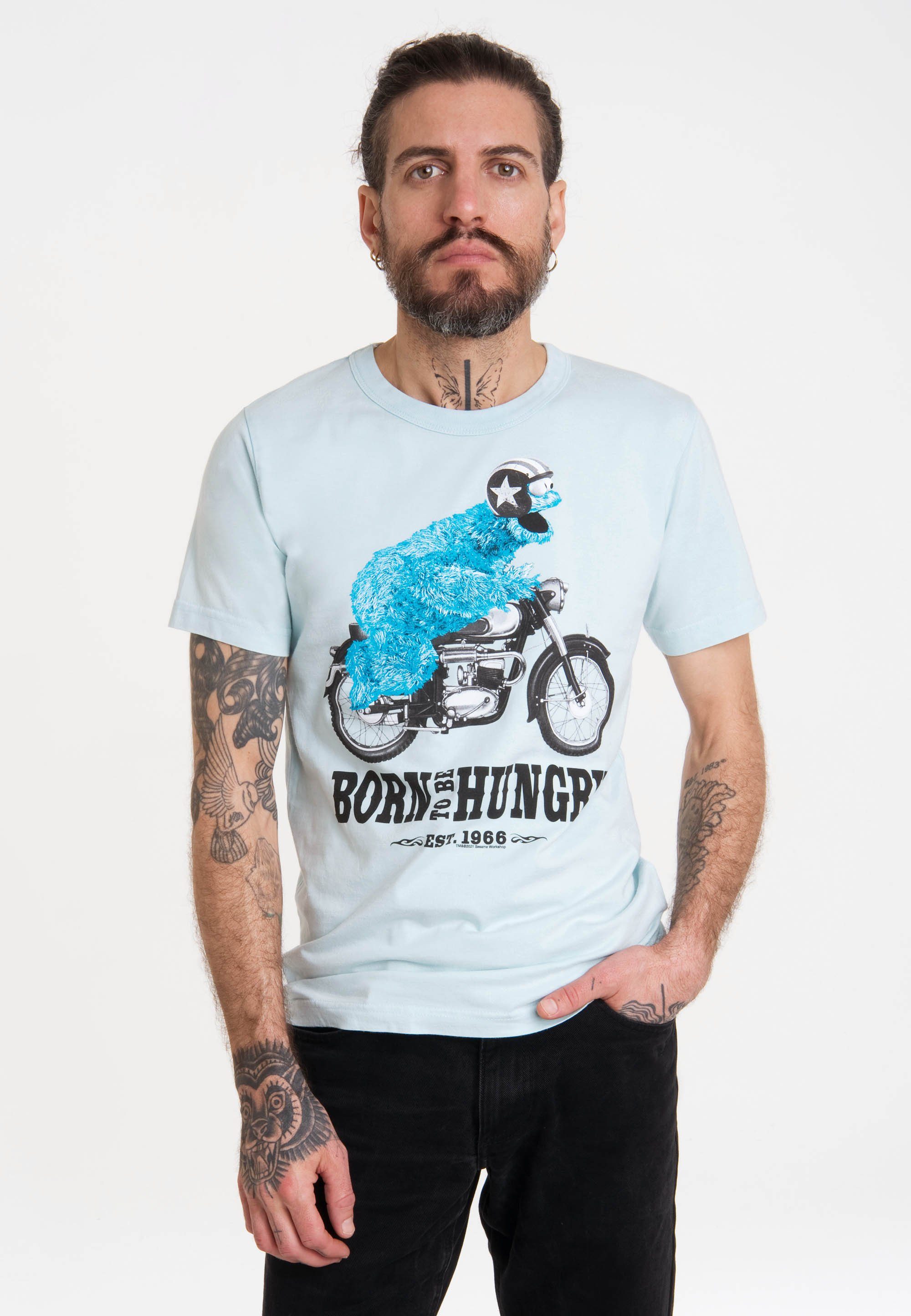 LOGOSHIRT T-Shirt Sesamstrasse - Krümelmonster Motorrad mit lizenziertem Print hellblau