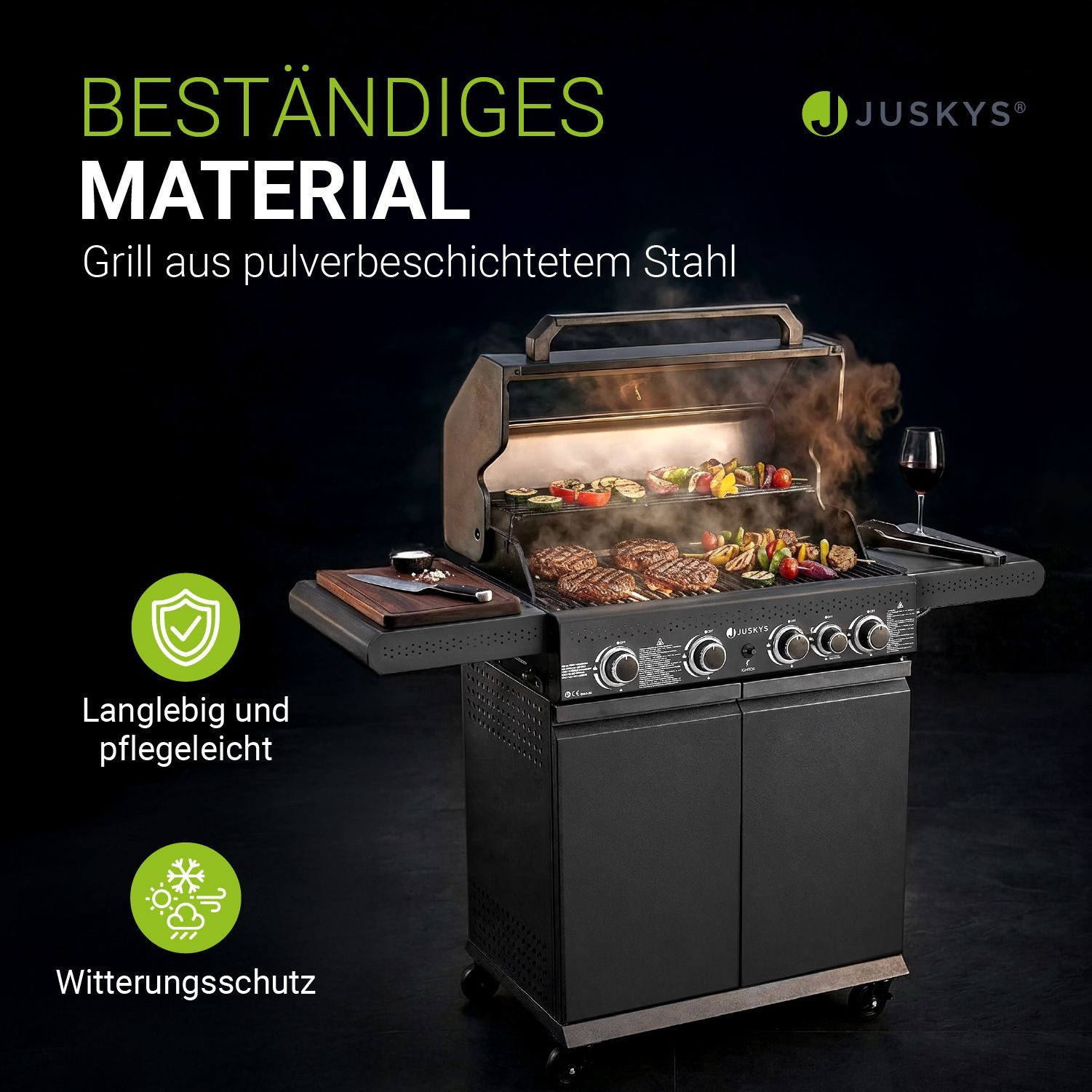 Juskys Gasgrill Savannah, 4+1 Brenner, 14,5 kW, Gusseisen Rost, Thermometer, Seitenablagen