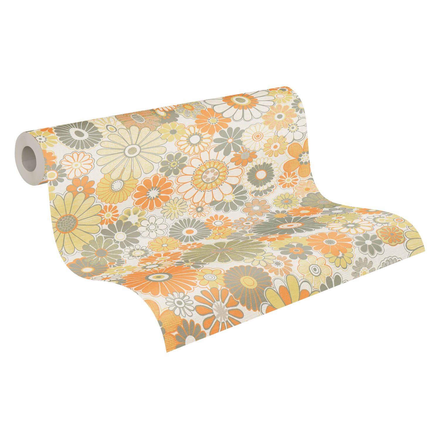 Profhome Vliestapete 395353-GU Retro Tapete Blumen matt grün orange-gelb creme-weiß, geprägt, (1 Rolle, 4,51 qm), heißgeprägte Vliestapete, grün