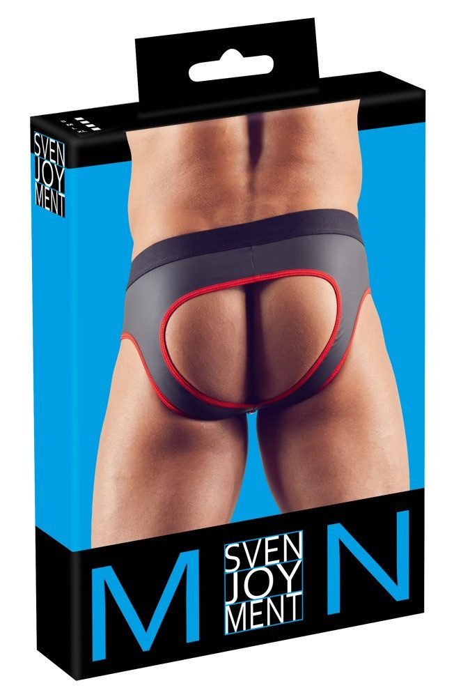 Svenjoyment Slip Pofreier Jock Slip mit Reißverschluss - schwarz, rot (1-St) Neopren-Gummi-Optik