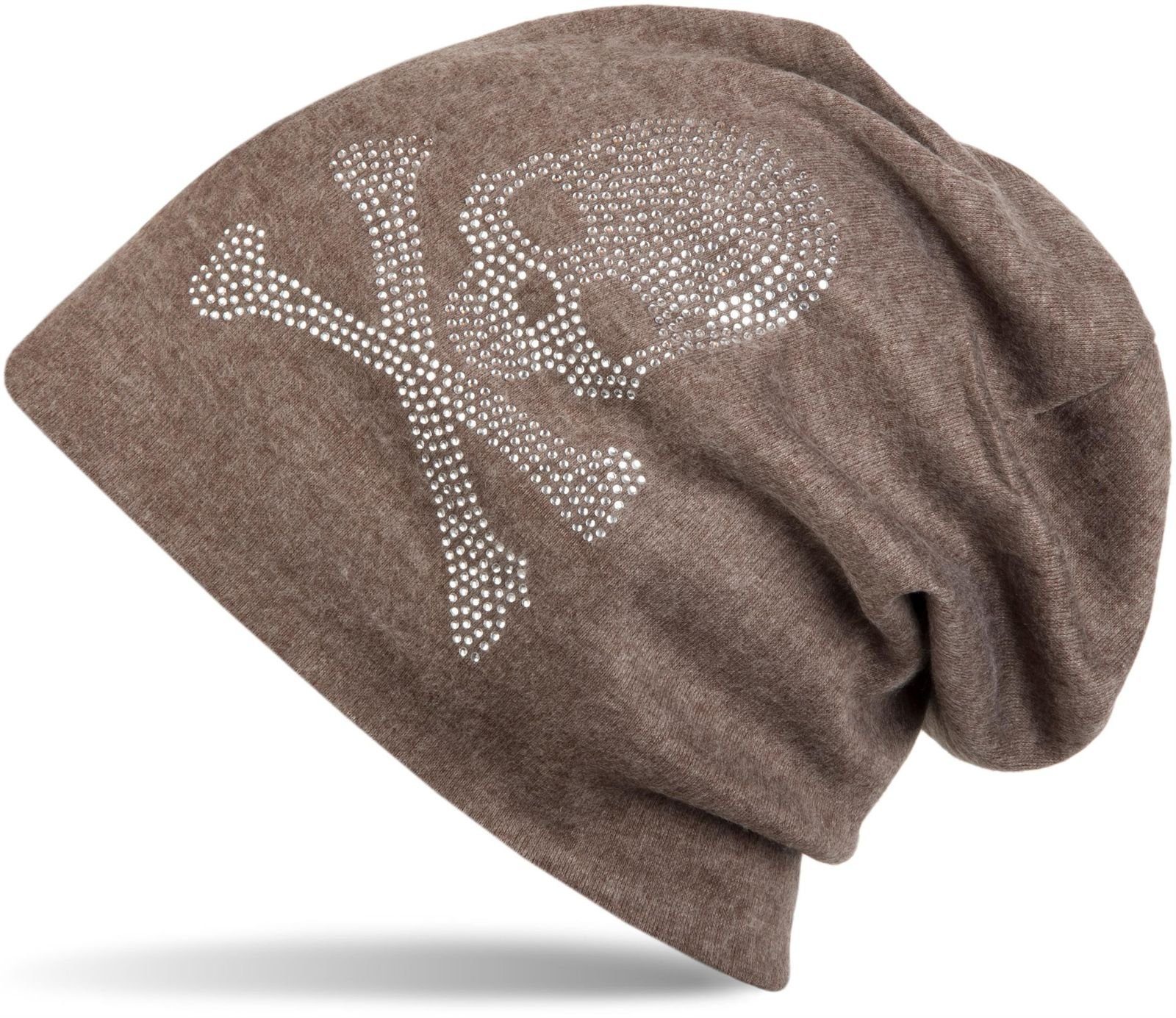 styleBREAKER Beanie (1-St) Beanie mit Braun Strass Totenkopf meliert