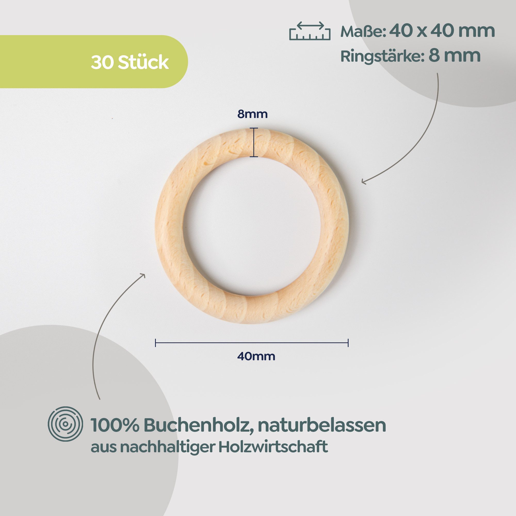 Candini Bastelperlen Holzringe aus Buchenholz zum basteln & Makramee, 30 Stück, Ø 40mm, 8mm Ringstärke