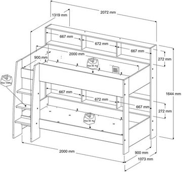 Parisot Etagenbett Tam Tam, Stockbett, farbig hinterlegte Regale, mit Bettkasten, viel Stauraum, toll für kleine Räume, TOPSELLER!