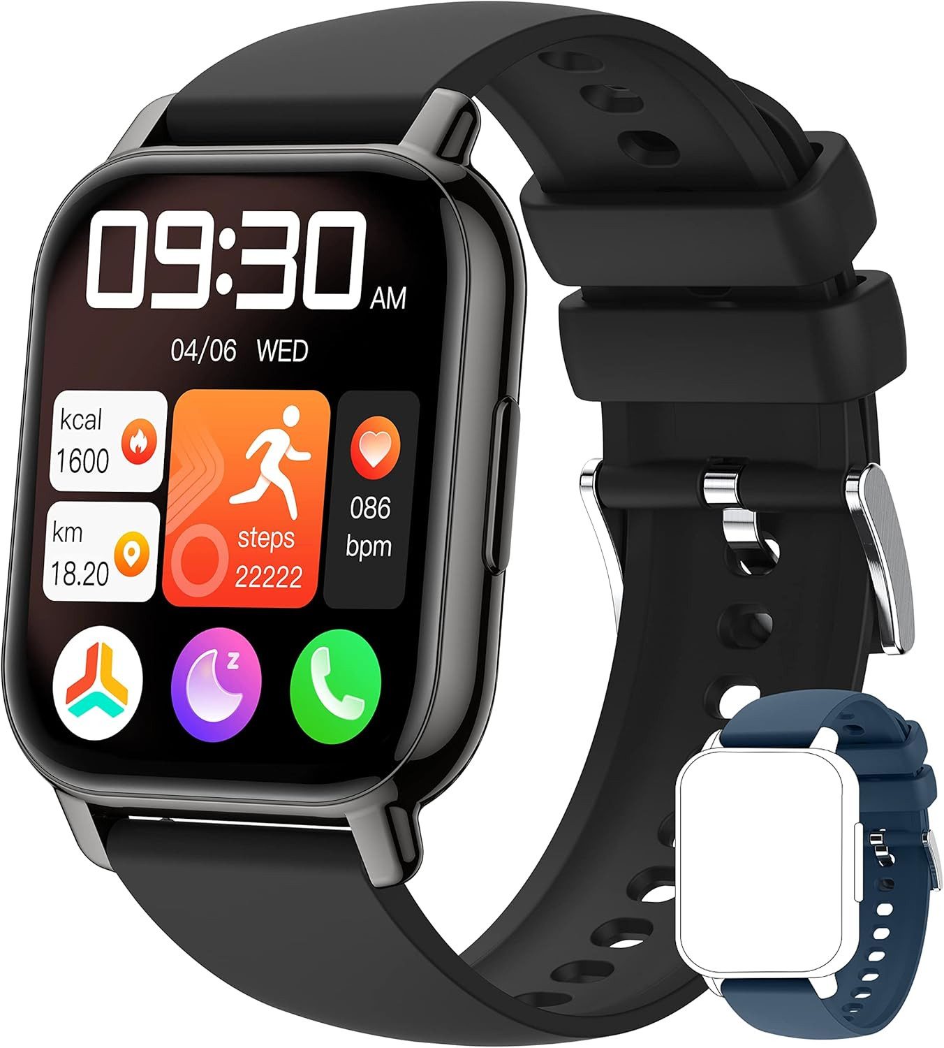 Narcid Damen's und Herren's Telefonfunktion IP67 Wasserdicht Fitness-Tracker Smartwatch (4,69 cm/1,96 Zoll, Android/iOS), mit austauschbarem weichem Silikonarmband, mit Puls-Schlaf-Monitor Schrittzähler 110+ Sportmodi