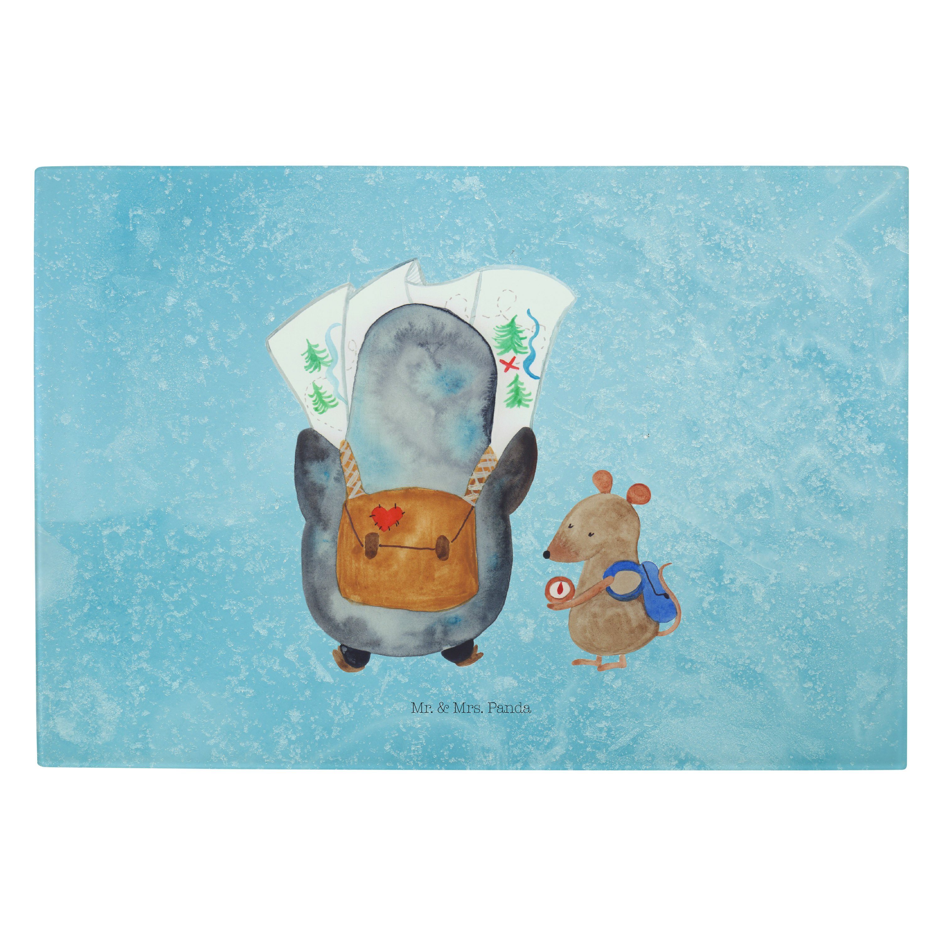 Mr. & Mrs. Panda Servierbrett Pinguin & Maus Wanderer - Eisblau - Geschenk, wandern, Schneidebrett, Premium Glas, (1-St)