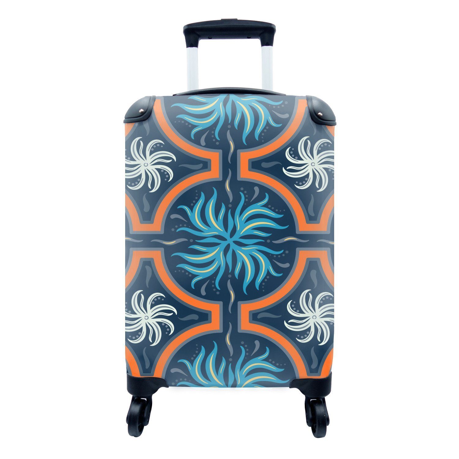 MuchoWow Handgepäckkoffer Blumen - Blau - Weiß - Orange, 4 Rollen, Reisetasche mit rollen, Handgepäck für Ferien, Trolley, Reisekoffer