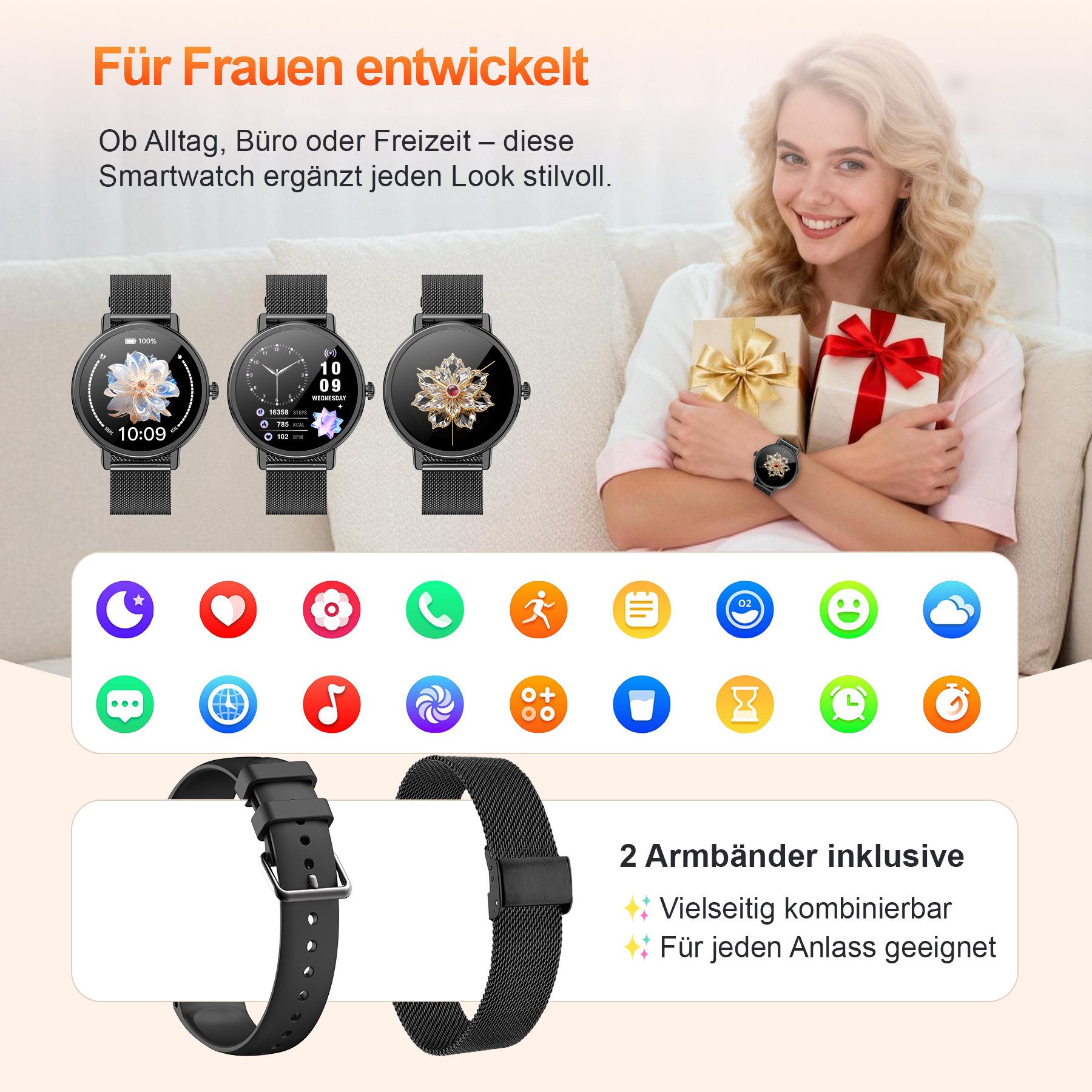 blackview Smartwatch X30 1,26″ für Damen mit Telefonfunktion undFitness-Tracking Smartwatch (4 cm/1.26 Zoll, iOS/Android) Set, mit Wechselband aus weichemSilikon und Ladekabel, 5 Tage Akkulaufzeit/2 Armbänder/HF&SpO₂& Blutdruck/100+ Sportmodi,IP68