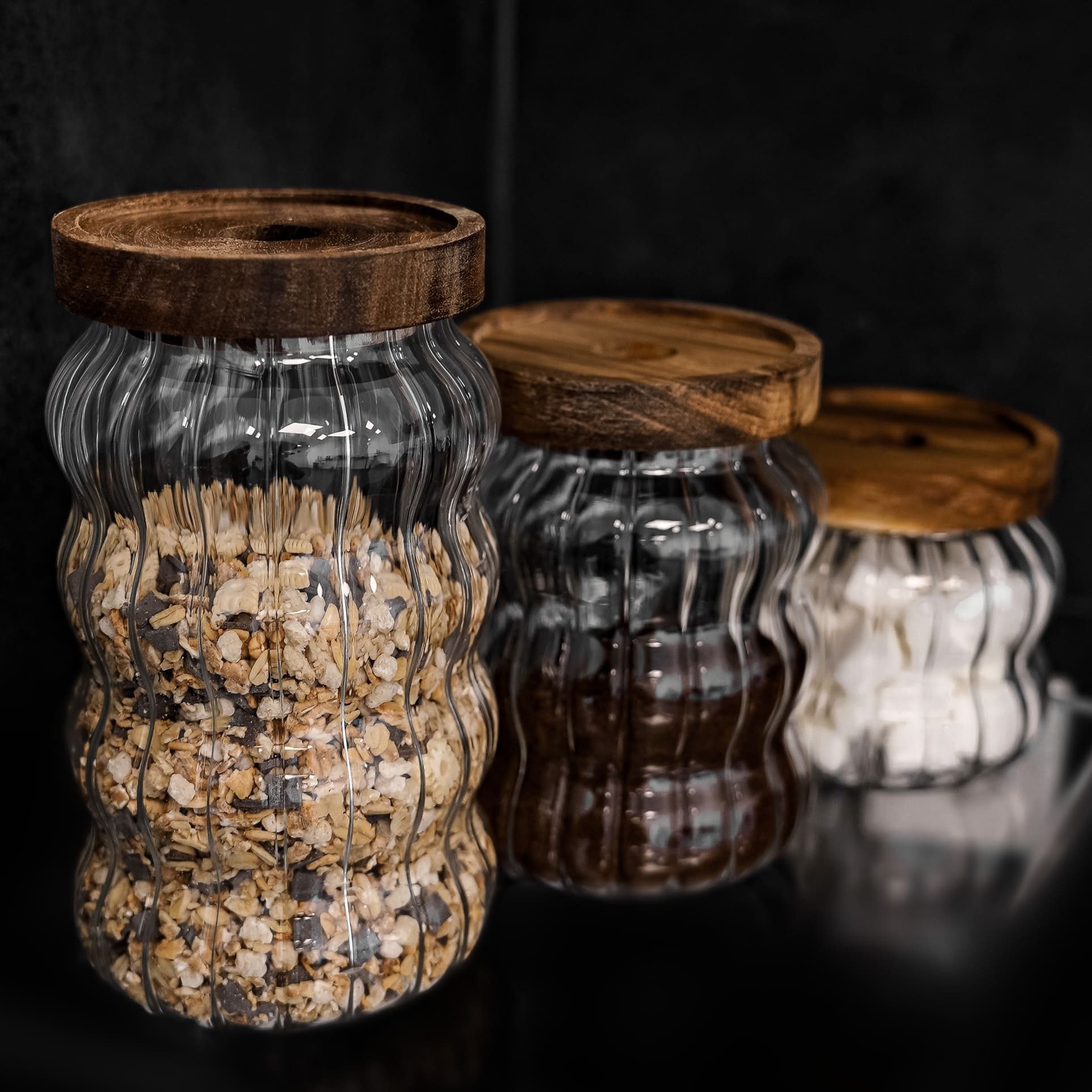 Mulex Vorratsglas 3erSet mit luftdichtem Holzdeckel aus Borosilikatglas Wave-Style – Bild 4 von 5