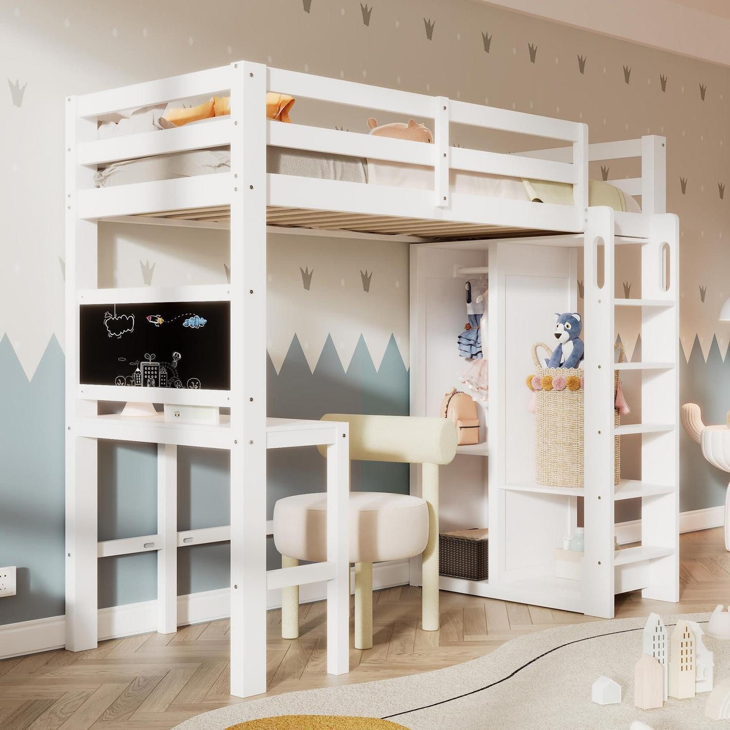 LuxusKollektion Kinderbett Hochbett Kinderbett Schreibtisch Kleiderschrank 90x200 Weiss
