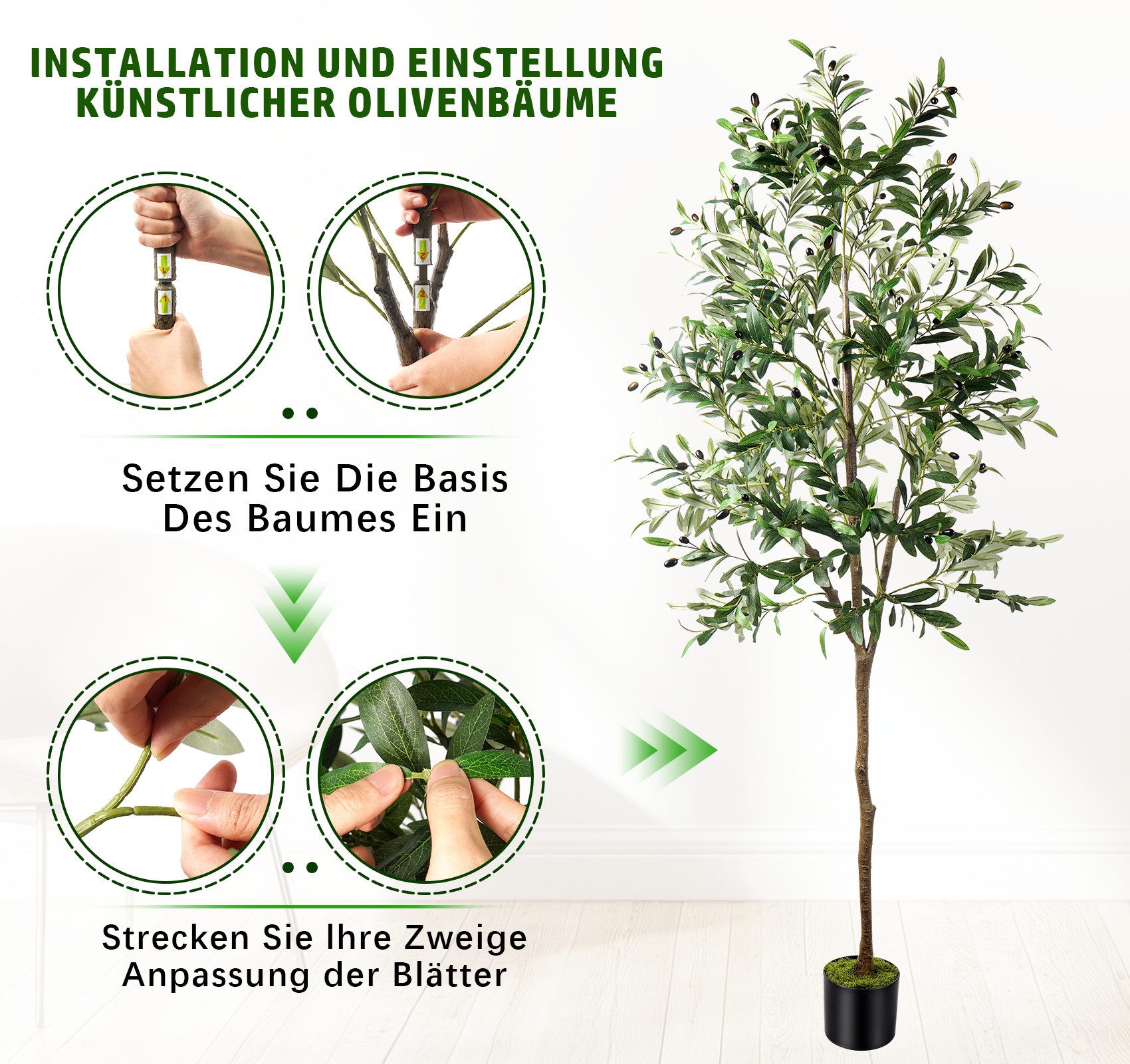 Kunstbaum Olivenbaum Künstlich 180cm, Künstlicher Olivenbaum Olivenbaum, ElitVita, Höhe 180 cm, für Deko Wohnzimmer Schlafzimmer Büro Home Decoration