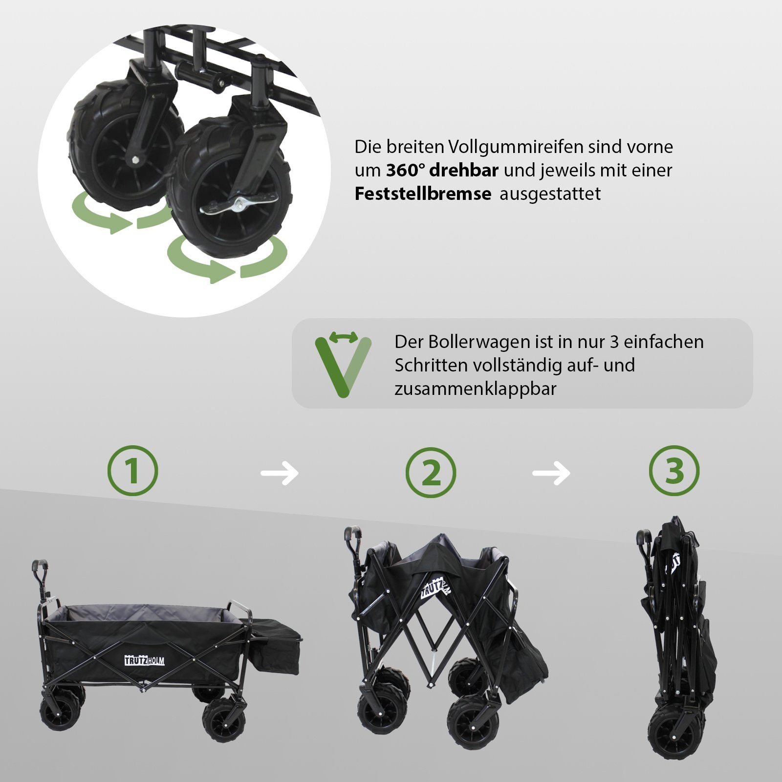 TRUTZHOLM Bollerwagen Bollerwagen faltbar Falt-Bollerwagen innen Schwarz, grau Breitreifen