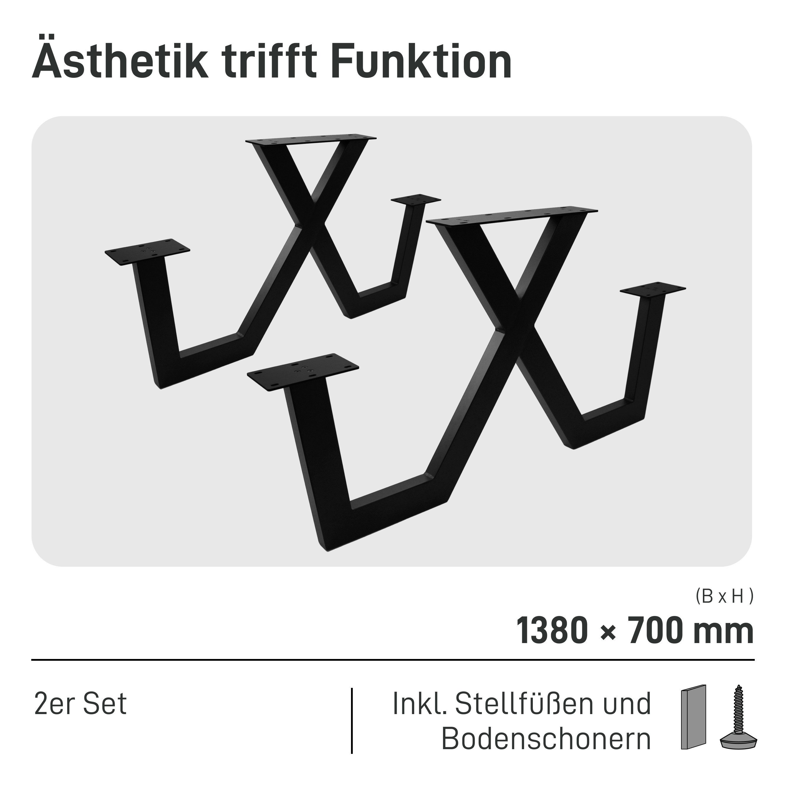 Natural Goods Berlin Sitzgruppe X & W, Tischbeine Metall Schwarz mit Bank, Picknicktisch Sitzgarnitur Outdoor
