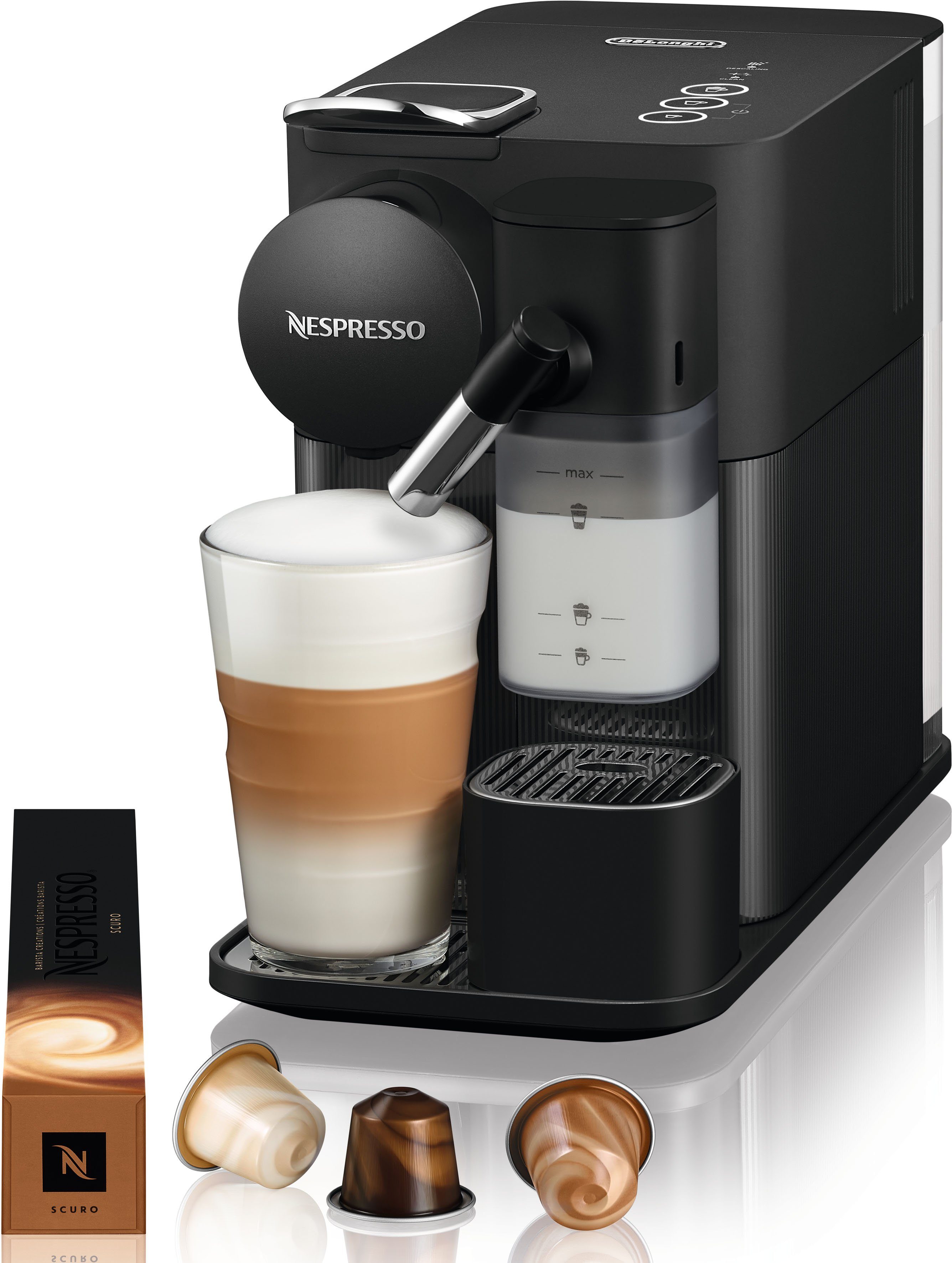 7 Willkommenspaket von Kapseln Black, Kapselmaschine One mit EN510.B Nespresso inkl. Lattissima DeLonghi,