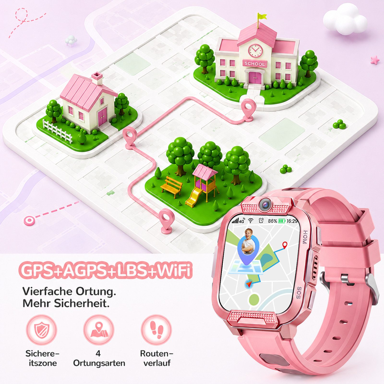 Whraills 2026 4G Kinder Smartwatch mit GPS Telefon Video SOS für Jungen Mädchen Smartwatch 4-fache Ortung (GPS, WLAN, LBS, AGPS), Sicherheitszonen, Eltern App,  – Bild 2 von 5