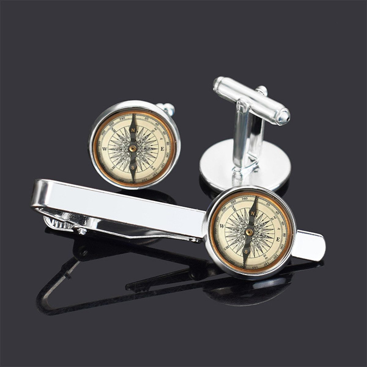 KARMA Manschettenknöpfe Set und Krawattennadel Set Herren Silber Kompass Design (Vintage Look mit runder Kompassoptik, Geschenkidee für Männer), Anzug Zubehör H – Bild 2 von 5