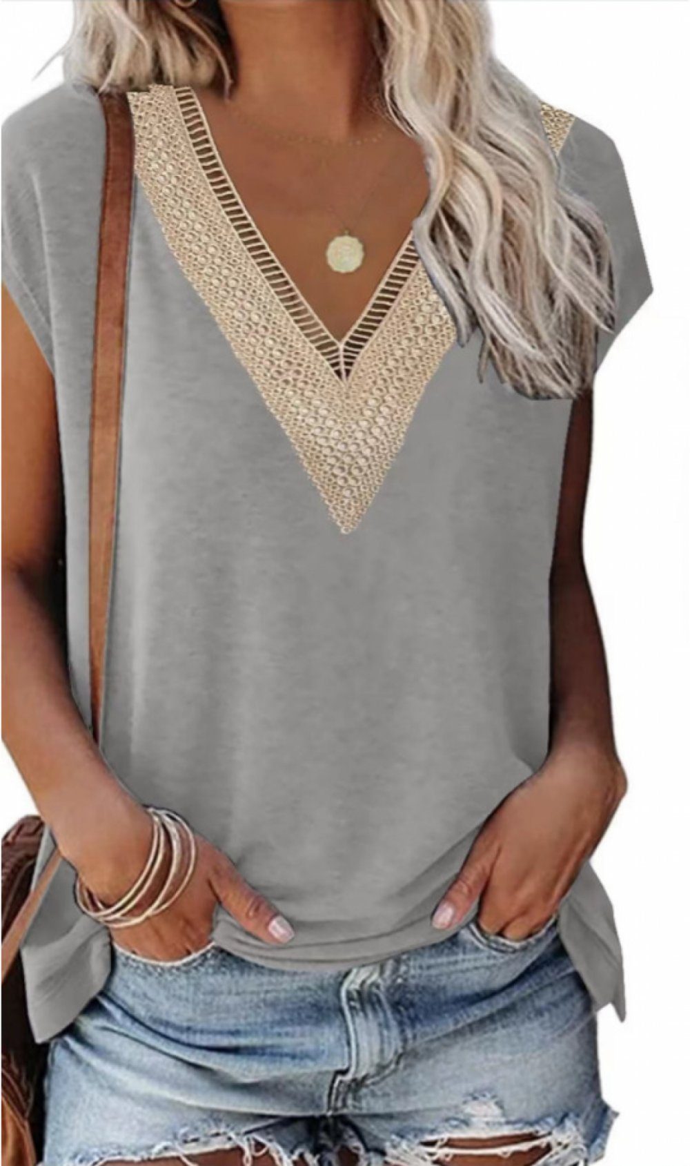 carefully selected V-Shirt Damen-Oberteil mit V-Ausschnitt – lockeres Sommer-T-Shirt grau