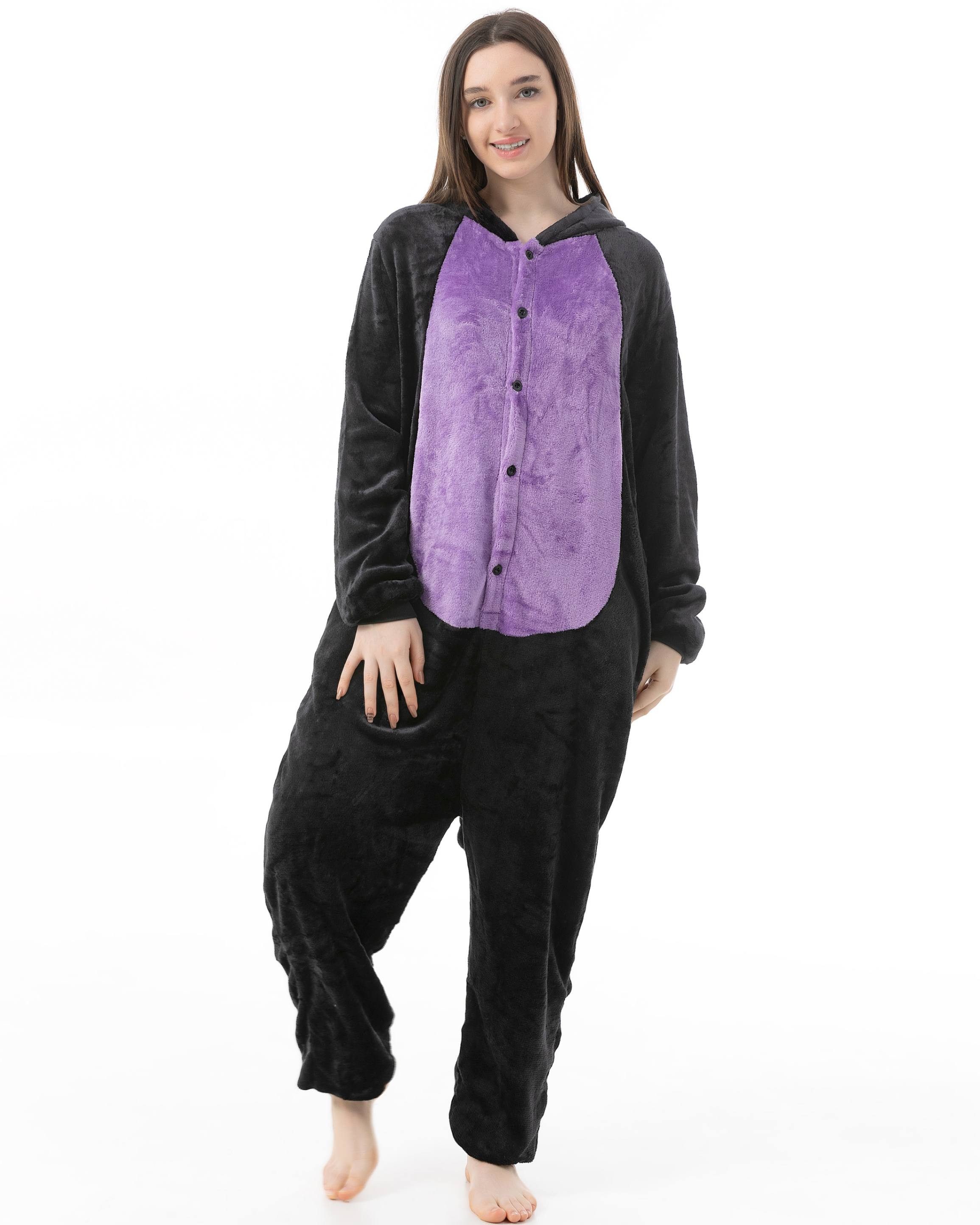 Katara Partyanzug Bauernhoftiere Jumpsuit Kostüm für Erwachsene S-XL, Karneval - Kostüm, Kigurumi - Katze schwarz-lila M (155-165cm)