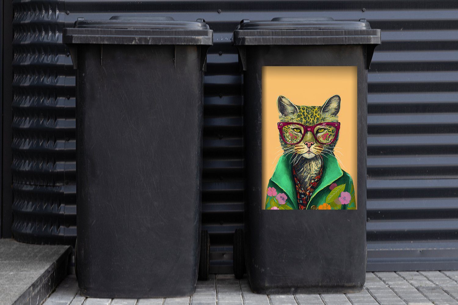 MuchoWow Wandsticker Tiere - Mülltonne, St), Mülleimer-aufkleber, Sticker, Brille Hippie - Container, - - Katze Abfalbehälter Blumen (1