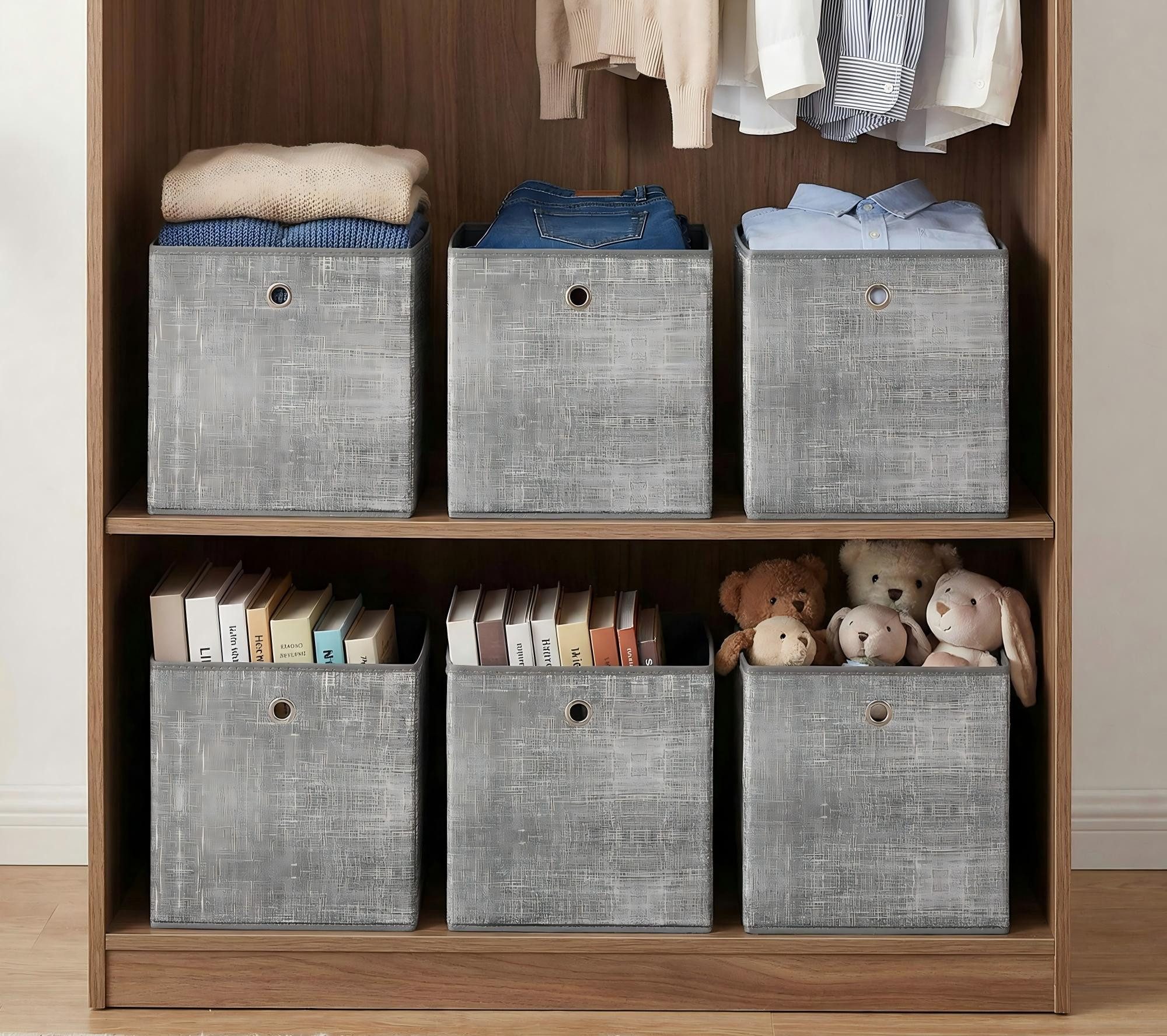 SONGMICS Aufbewahrungsbox Ordnungsboxen, Kleideraufbewahrung (Aufbewahrung, Organizer, für Würfelregal, mit Griff), 6er Set, Faltbox, Vliesstoff, grau