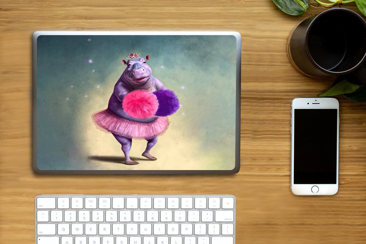 Thumbnail - MuchoWow Laptop-Aufkleber Nilpferd - Blumen - Ballerina - Pompons - Porträt - Kinder, (1tlg), Laptop Folien Cover, Aufkl...