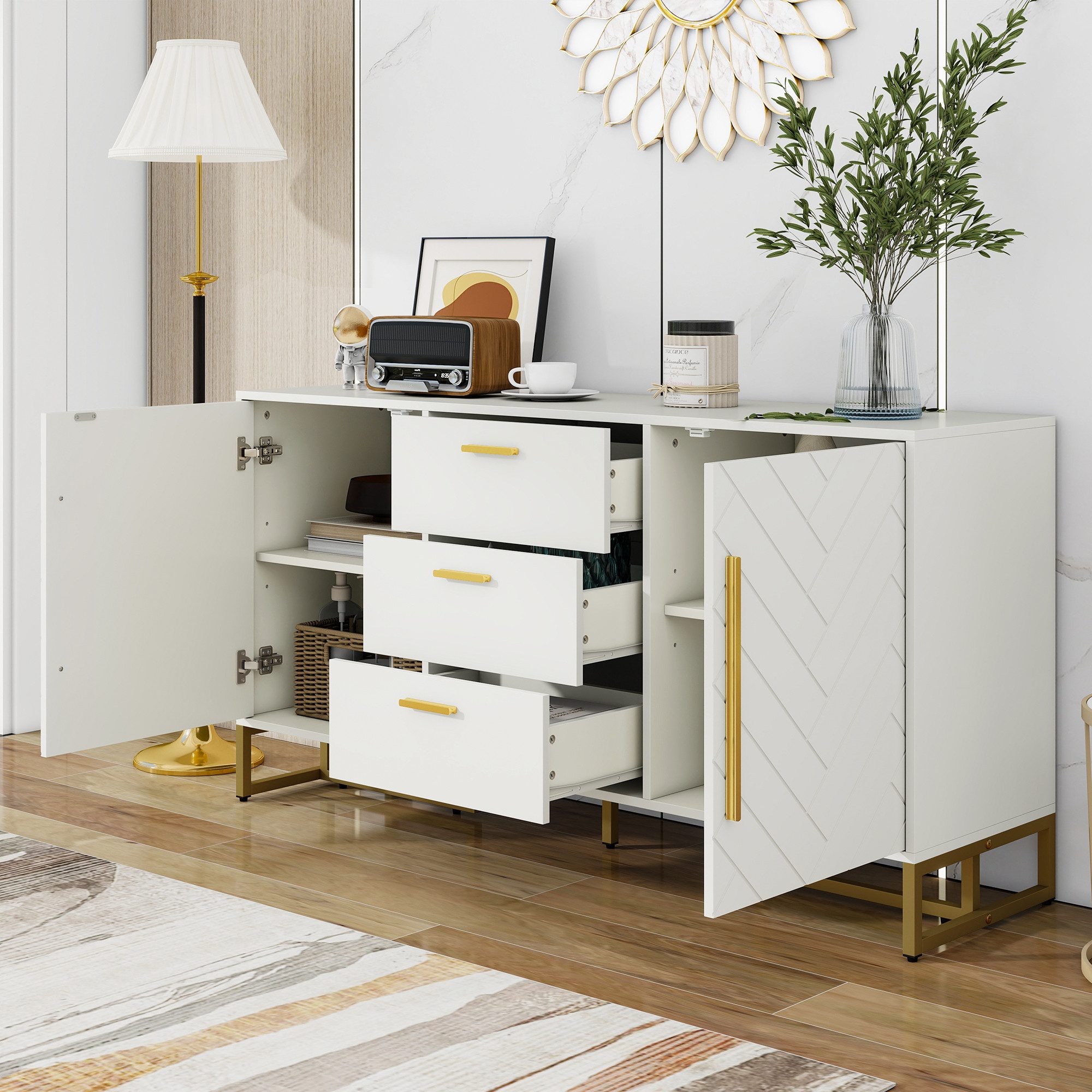 HAUSS SPOLE Sideboard Aufbewahrungsschrank mit 3 Schubladen für Ess/Küche & Wohnzimmer