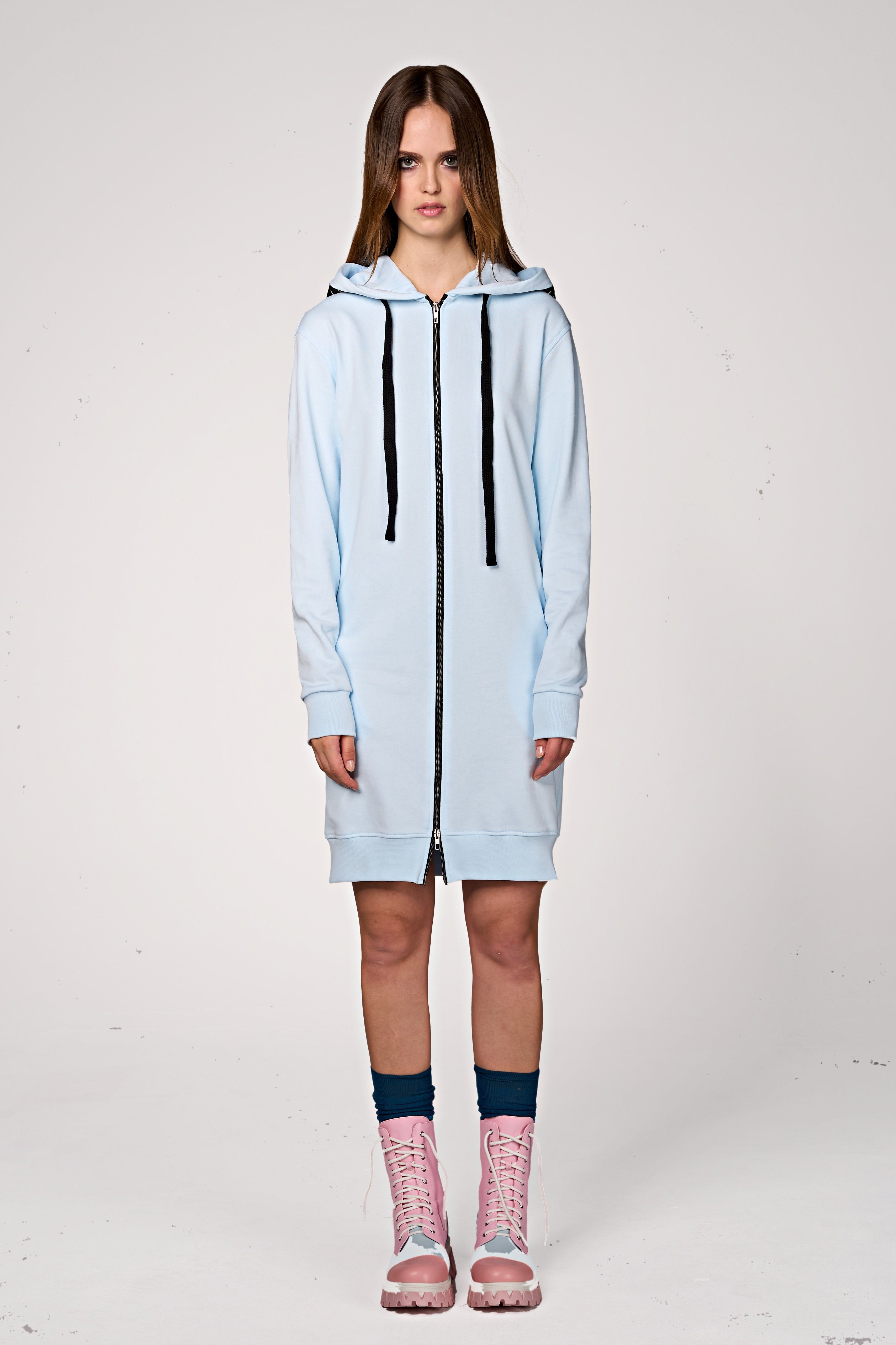ILAY Lit Kapuzensweatjacke Midi Coat- Ice Blue-Lässiger Hoodiemantel im Urban Style mit Kapuze