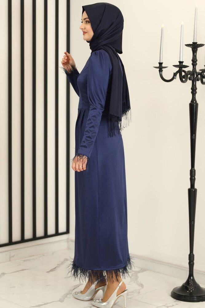 Fashion Abiye Modavitrini Hijab Abaya glänzend Abendkleid Satin Kleid Modest Blau Satin Damen Navy Satinkleid