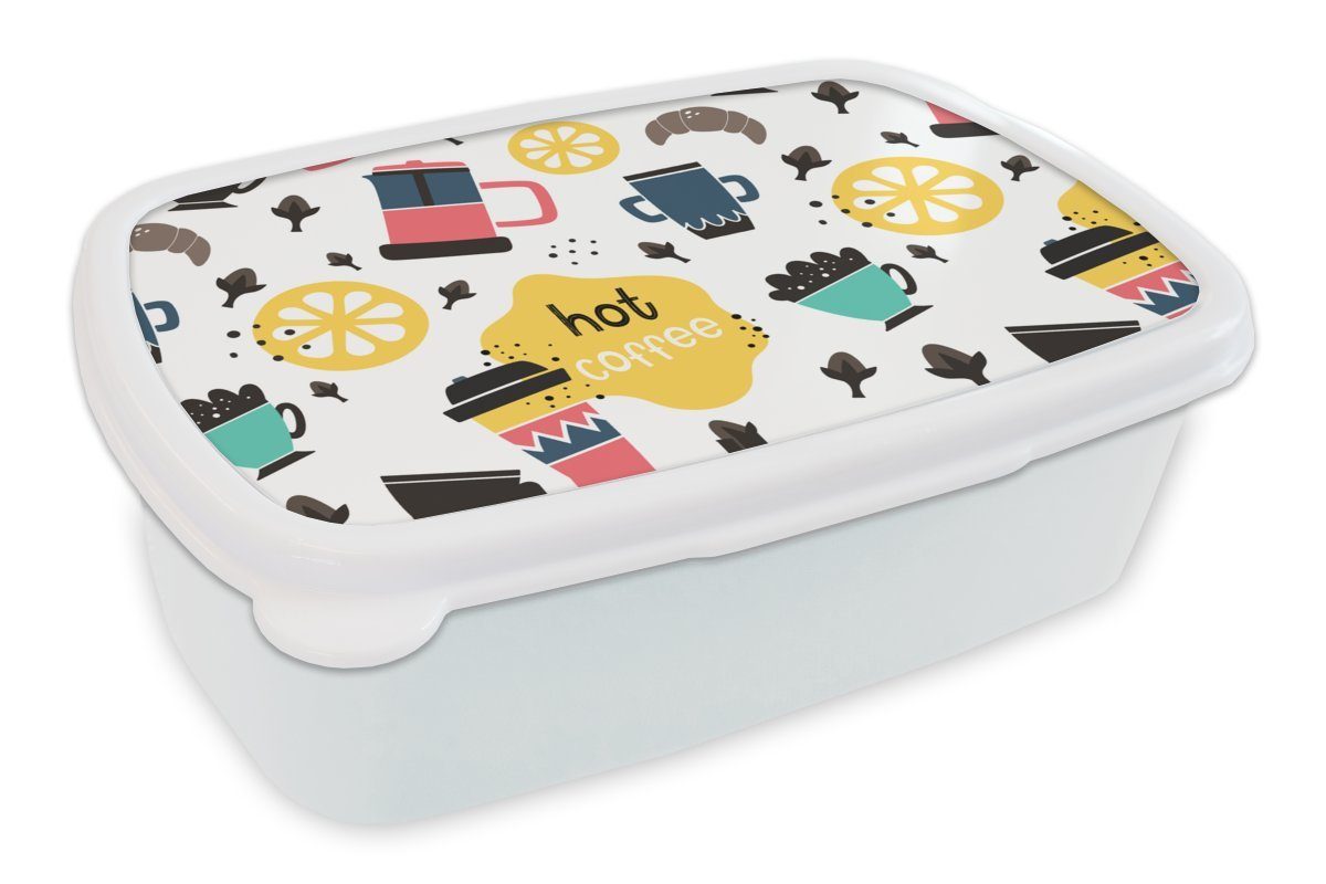 MuchoWow Lunchbox Muster - Kaffee - Frühstück - Croissant, Kunststoff, (2-tlg), Brotbox für Kinder und Erwachsene, Brotdose, für Jungs und Mädchen weiß