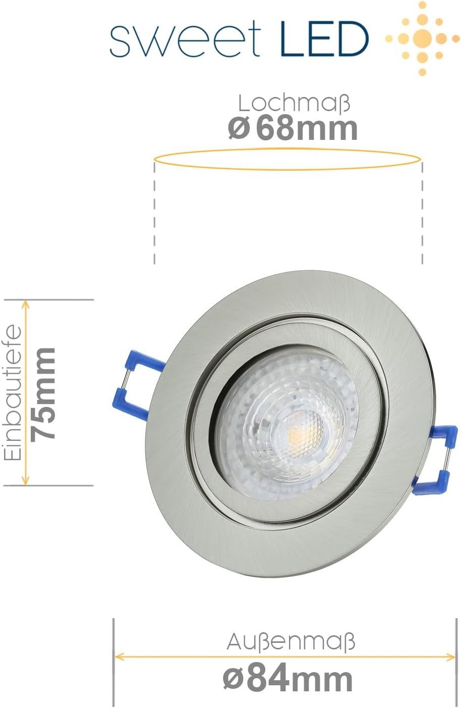 Sweet LED LED Einbaustrahler GU10 7W 230V IP44 3000K Chrom LED Spots Badezimmer Feuchtraum Ø58-68, Deckenspots, Deckenstrahler,Einbauleuchten