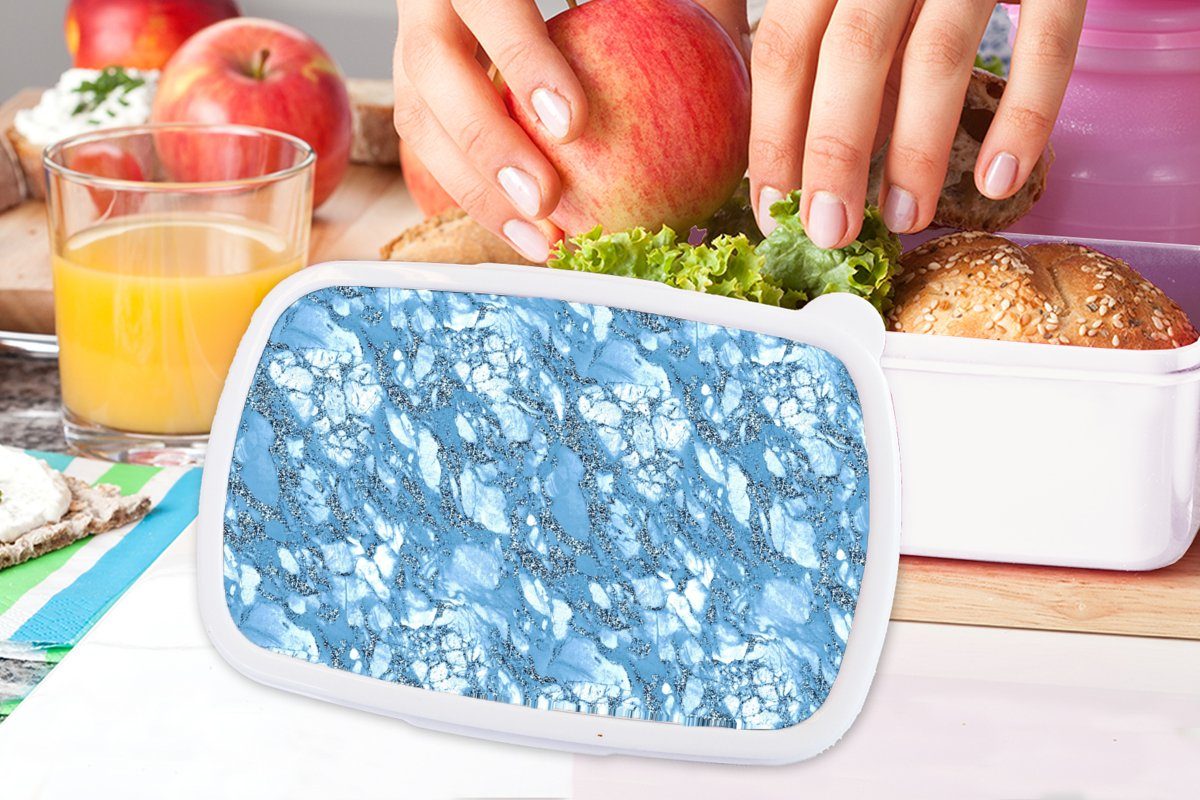 MuchoWow Lunchbox Marmor - und - Glitter Erwachsene, für Kinder Mädchen Brotdose, Jungs für Kunststoff, weiß (2-tlg), und Blau, Brotbox