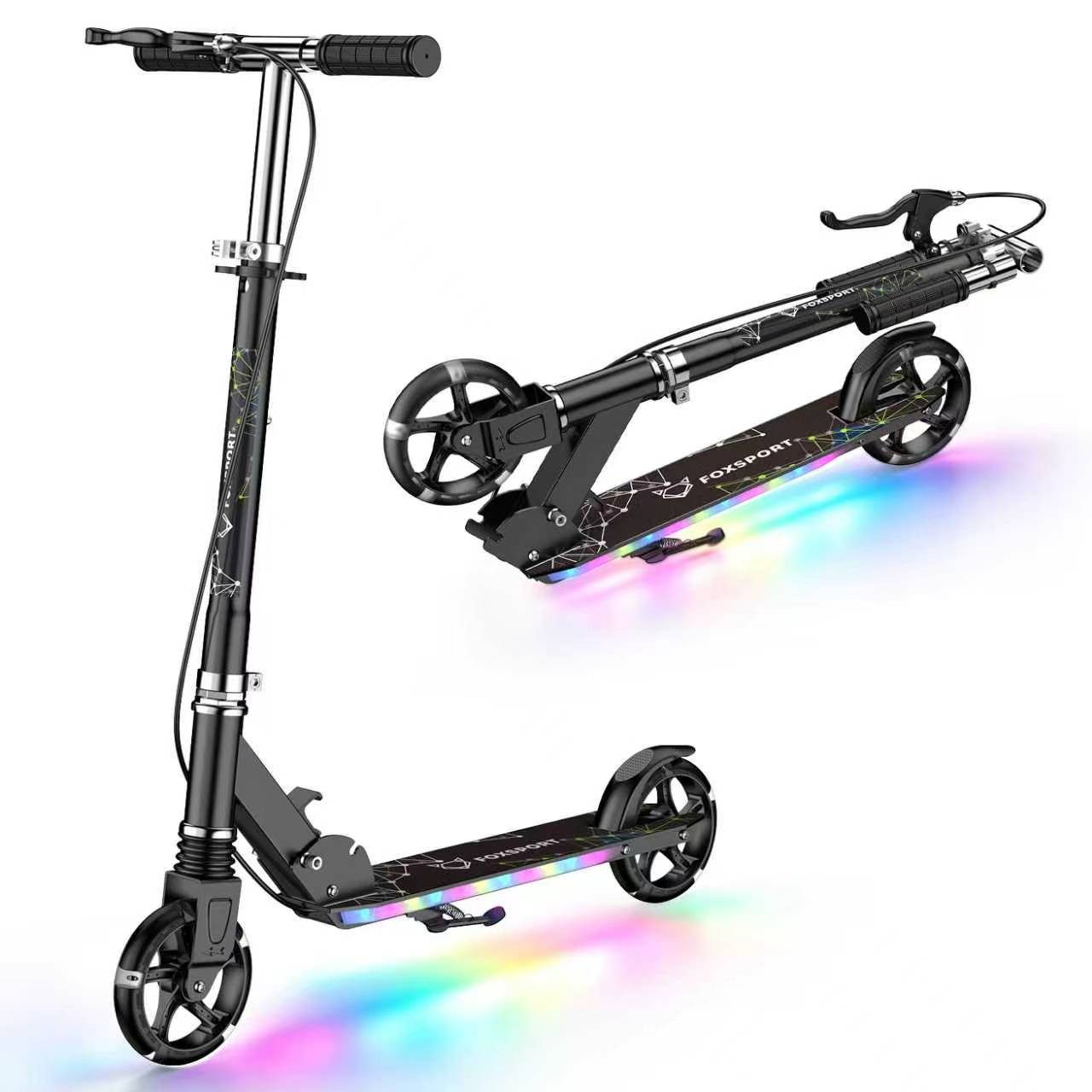FOXSPORT Cityroller klappbar & höhenverstellbar, 1 km/h, Kick Scooter mit LED-Radlicht & Fußplattenbeleuchtung
