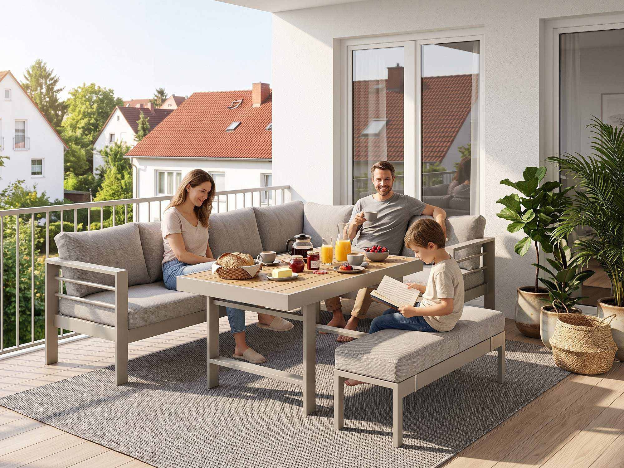 MeXo Gartenlounge-Set XXL Outdoor Lounge Set mit Esstisch, (wetterfeste modulare Ecklounge aus Aluminium, 5-tlg., Gartenmöbel Set für 6-8 Personen), 12cm Deluxe – Bild 4 von 5
