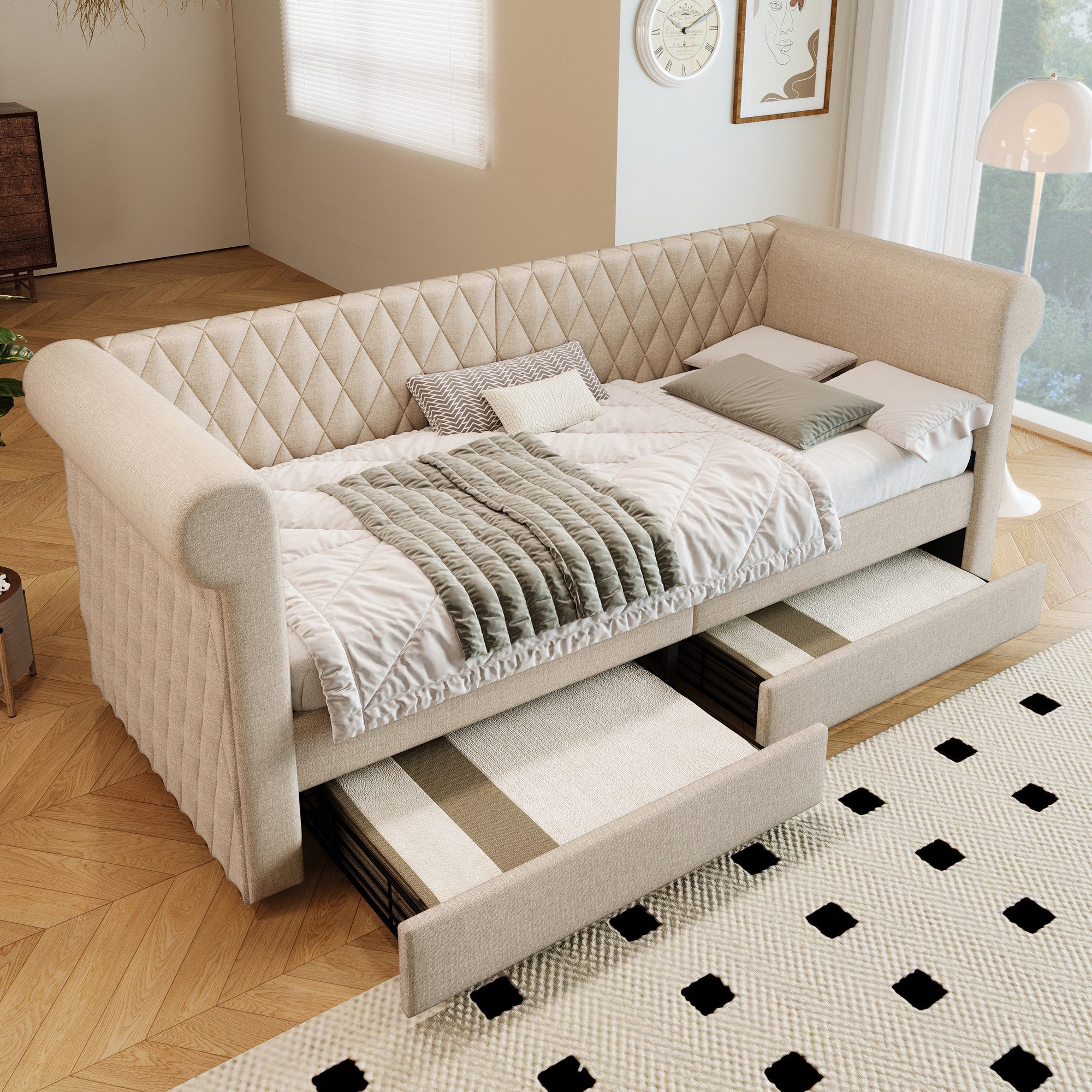 HAUSS SPOLE Daybett 90x200 cm Vintage Kopfteil mit 2 Schubladen,Lattenrost Leinen, Beige