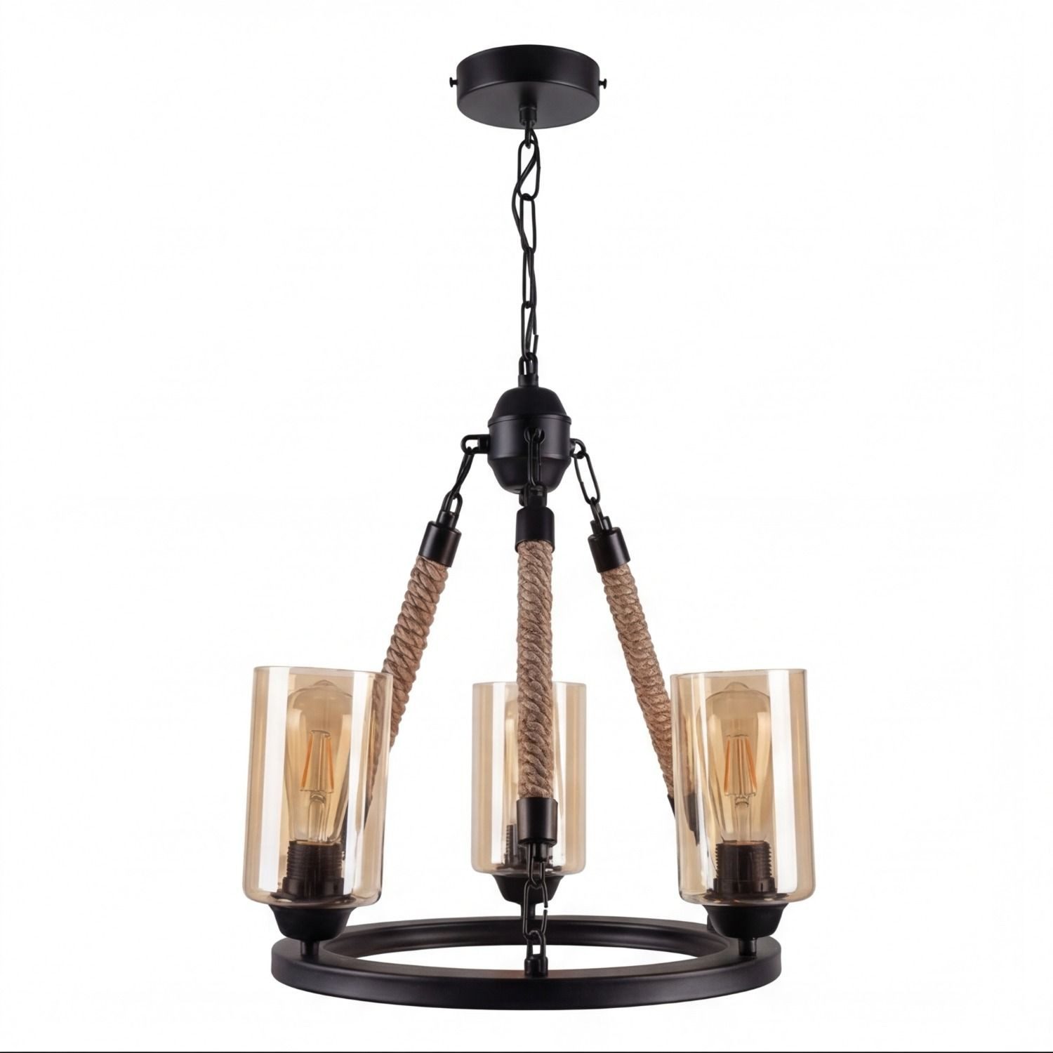 Licht-Erlebnisse Kronleuchter AHRENS, ohne Leuchtmittel, Ring Ø 45 cm Rauchglas Metall Jute 3-flammig E27 Rustikal