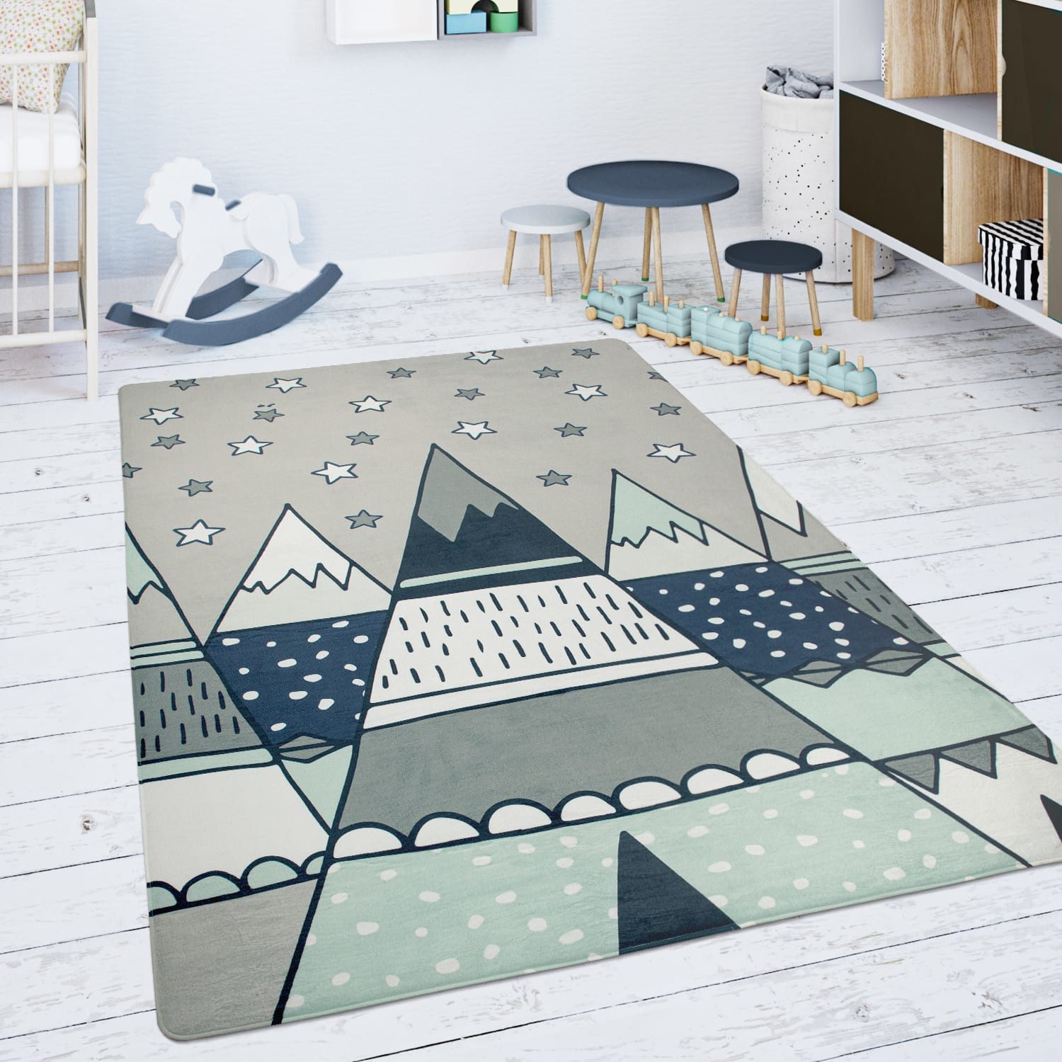 KADIMA DESIGN Kinderteppich waschmaschinenwaschbar Berge Kinderzimmer Kinderteppich, Rechteckig, Höhe: 4 mm, 100% Polyester, Rücken aus Felt + Dots, Rechteckig, 80x150cm, Grau