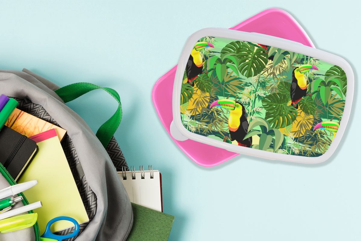MuchoWow Kunststoff (2-tlg), Muster - Dschungel, Vogel Kinder, Erwachsene, Mädchen, - Snackbox, rosa Kunststoff, für Brotbox Lunchbox Brotdose