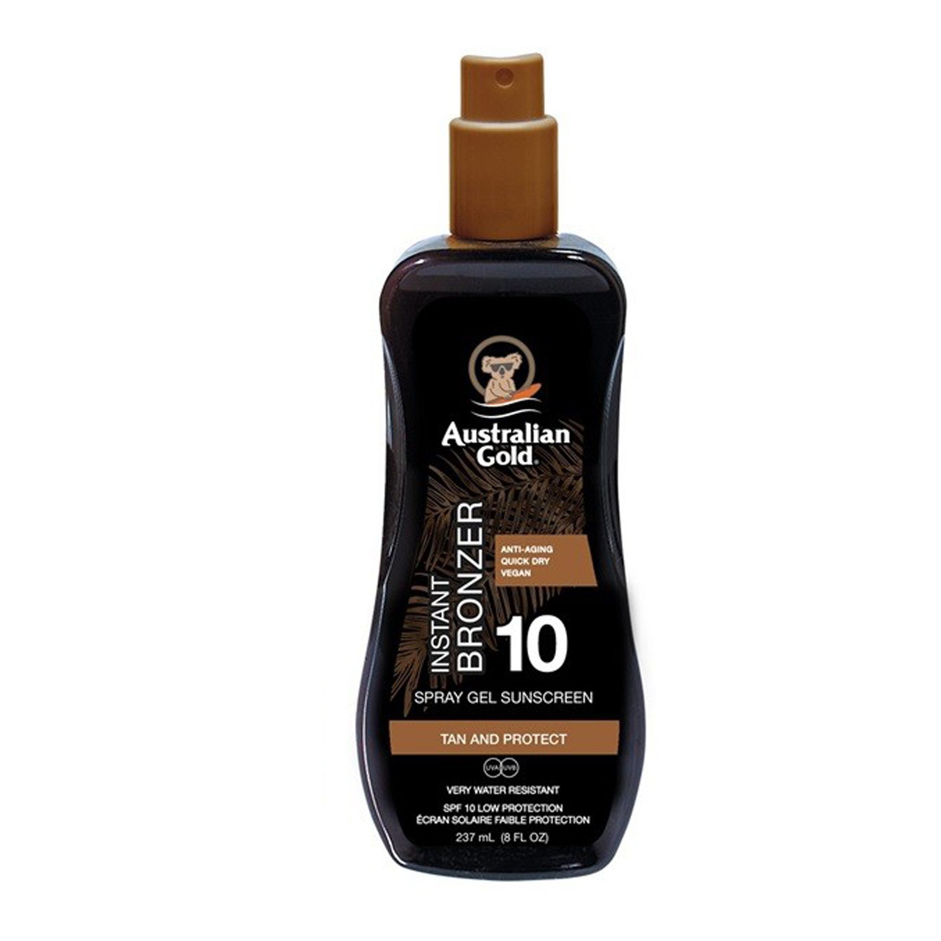Australian Gold Selbstbräunungslotion SPF 10 Spray Gel + Bronzer, Sonnenschutz, Enthält Vitamine