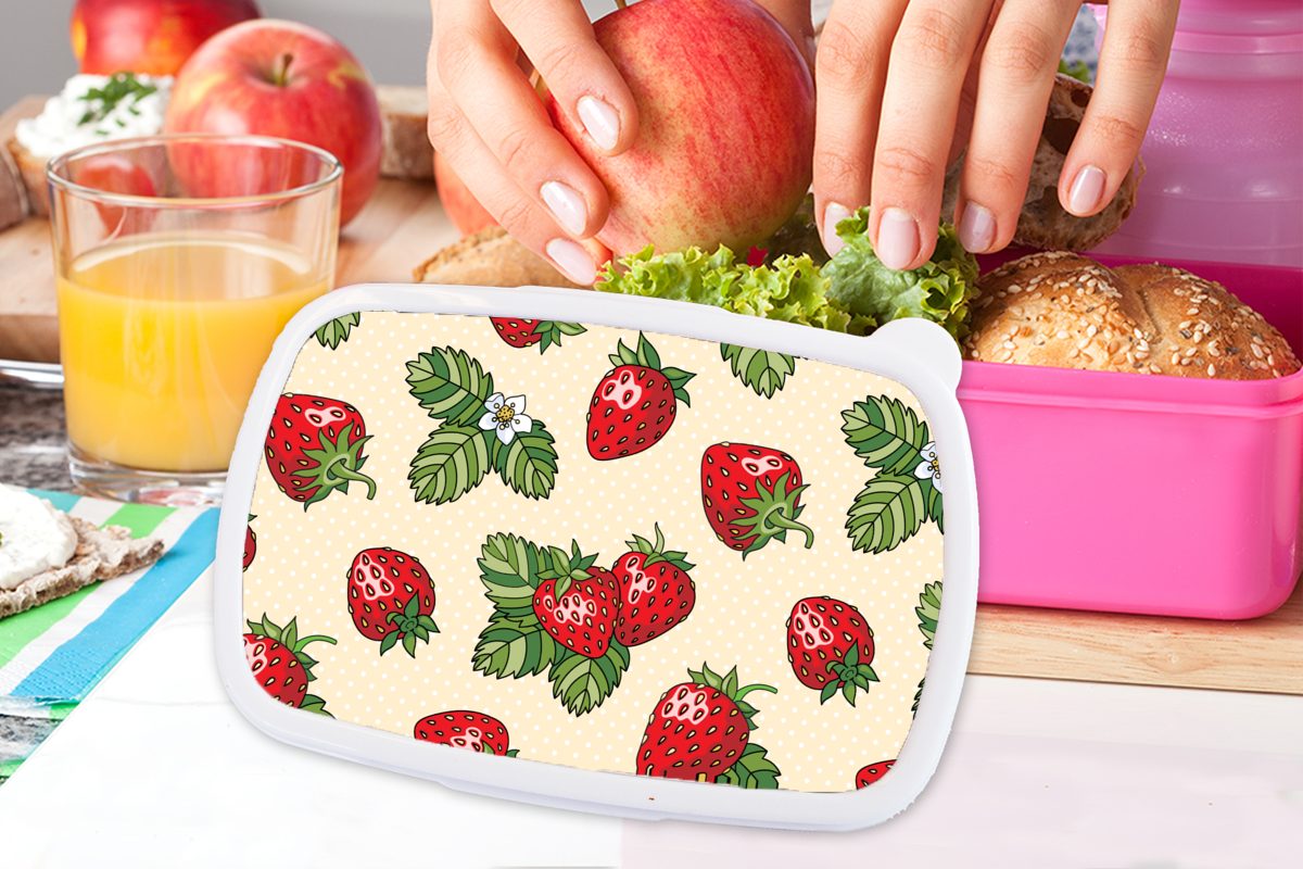 Kunststoff, Mädchen, Brotbox Kunststoff Lunchbox rosa - (2-tlg), Kinder, Erwachsene, - Brotdose Snackbox, MuchoWow Erdbeeren Obst für Muster,