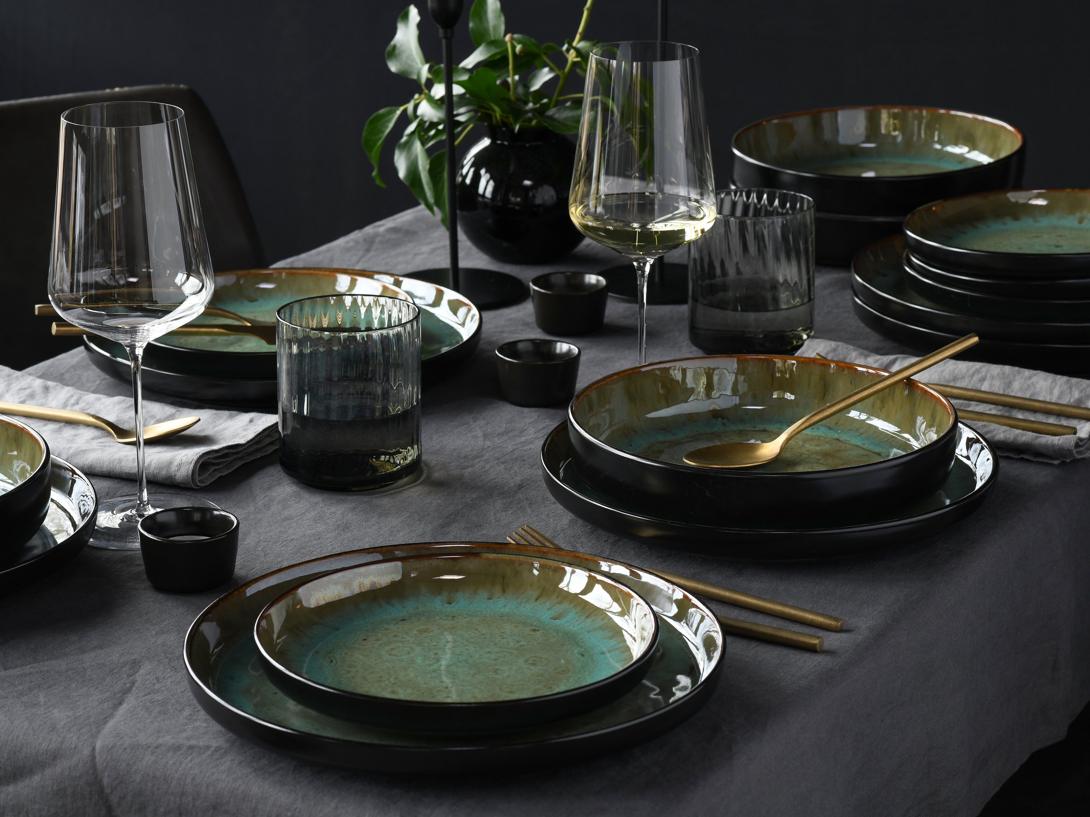 CreaTable Teller-Set Nordic Fjord (18-tlg), 6 Personen, Steinzeug, je 6 Speiseteller 26 cm, Suppenteller 22,5 cm, Dessertteller 19,5 cm
