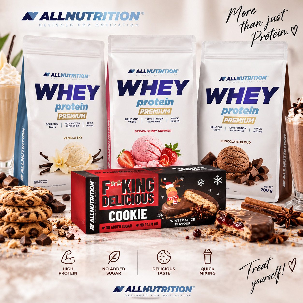 ALL NUTRITION 3+1 3xWHEY PROTEIN PREMIUM 700g (WPC)+1xF**KING Delicious Cookie 128g Pulver, 1 er Spar-Set à 2230 g, Geschmack Protein