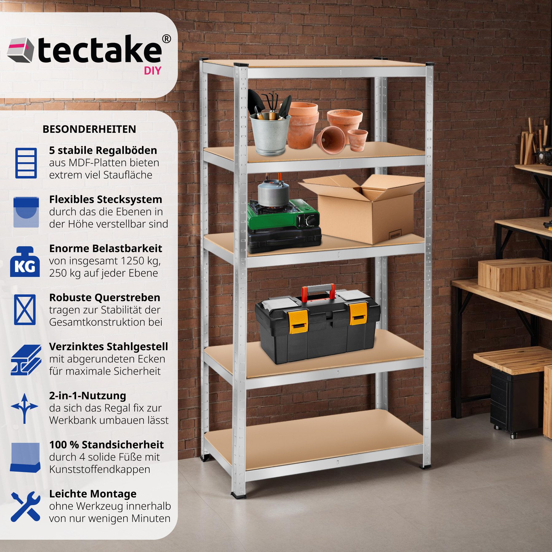 tectake Schwerlastregal, Komplett-Set, höhenverstellbare Einlegeböden günstig online kaufen