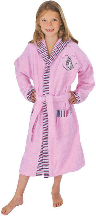 Wörner Kinderbademantel Pferd rosa, Langform, Baumwoll-Webfrottier, Kapuze, Gürtel, mit Stickerei