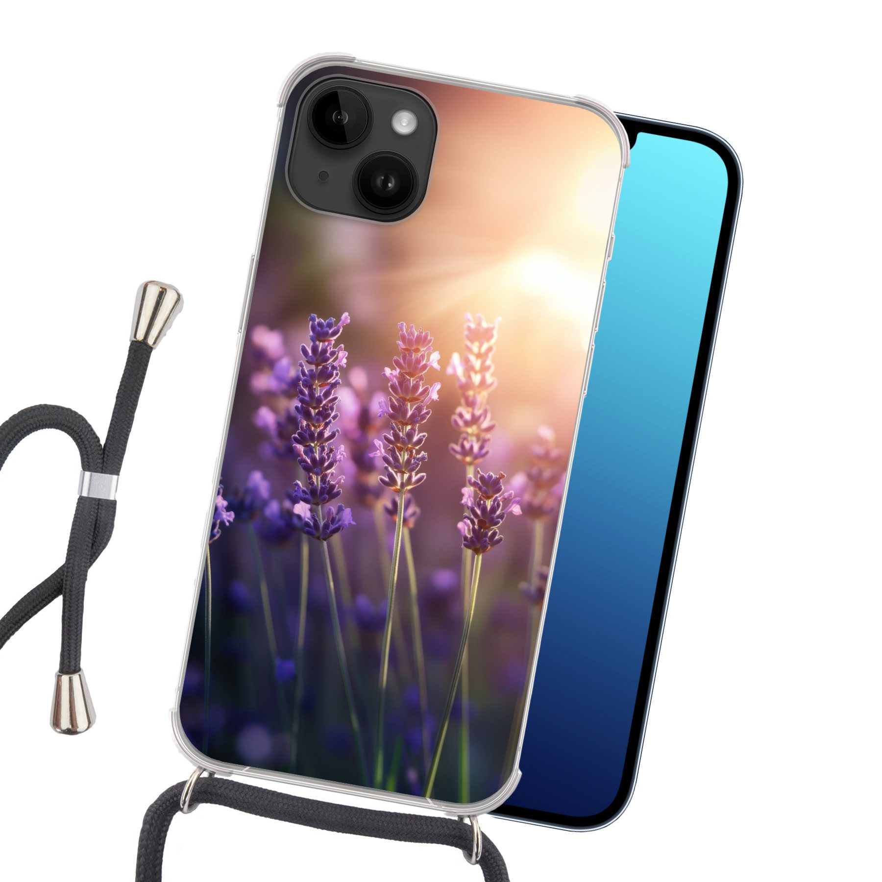 MuchoWow Handyhülle für Apple iPhone 14 Lavendelblüten - Lila - Sonnenlicht, Tragbare Handyhüllen mit Kette zum umhängen, Handykette Handyband
