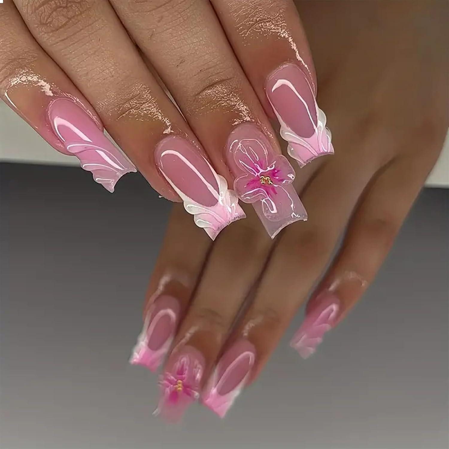 LuxusKollektion Kunstfingernägel 24er Set Rosa Press on Nails Mittel Quadratisch 3D Acrylnägel mit